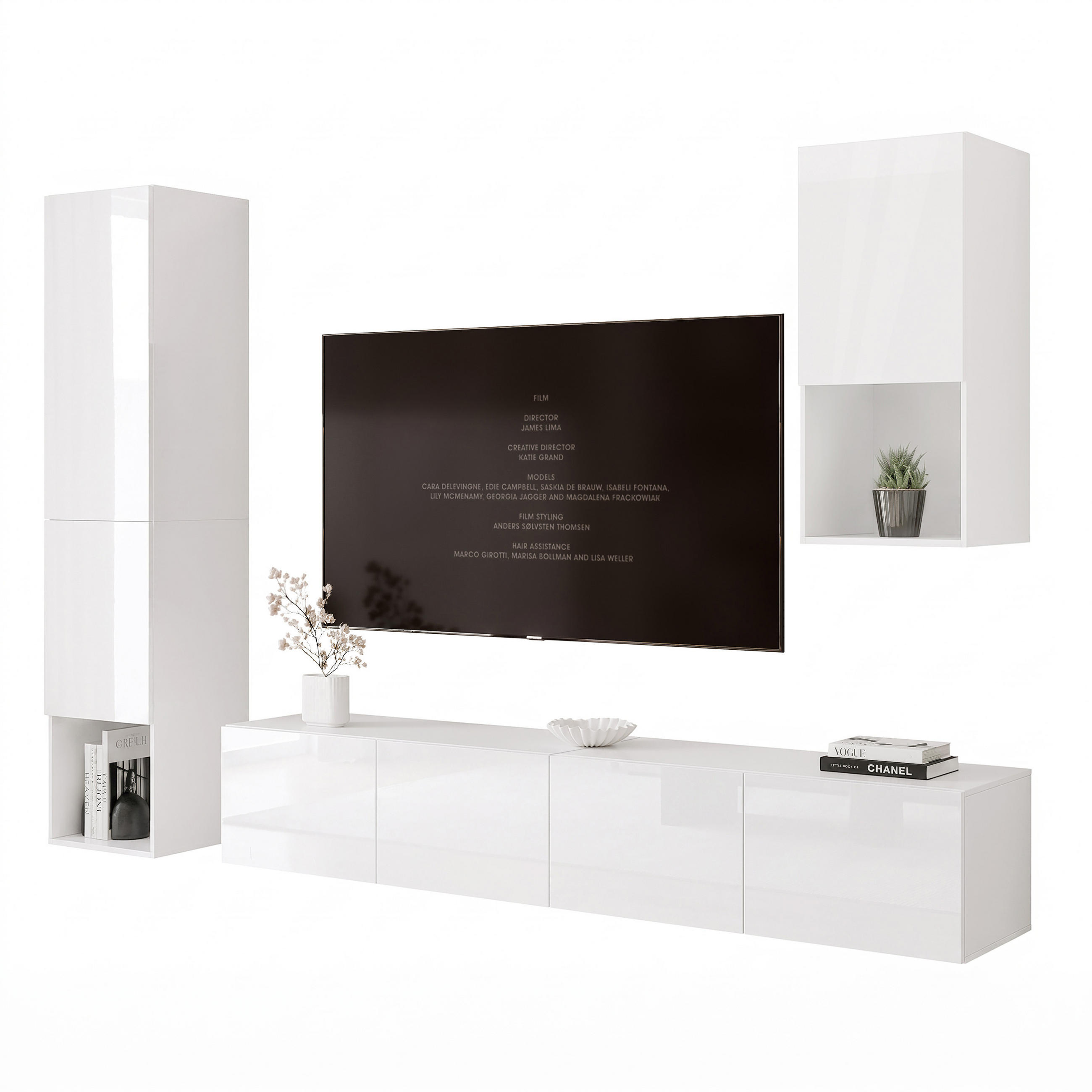 Idohome Wohnwand Weiß Hochglanz 240x216x40 cm