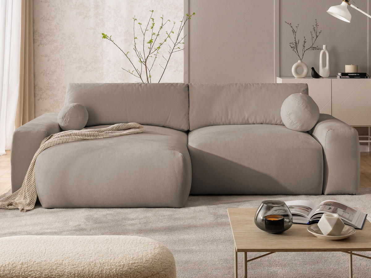 ECKSOFA Puffy mit Schlaffunktion und Bettkasten - besonders weich und puffig aus Greige Webstoff - Ottomane links - Greige/Schwarz, Holz/Kunststoff (138/266cm) - S-Style Möbel