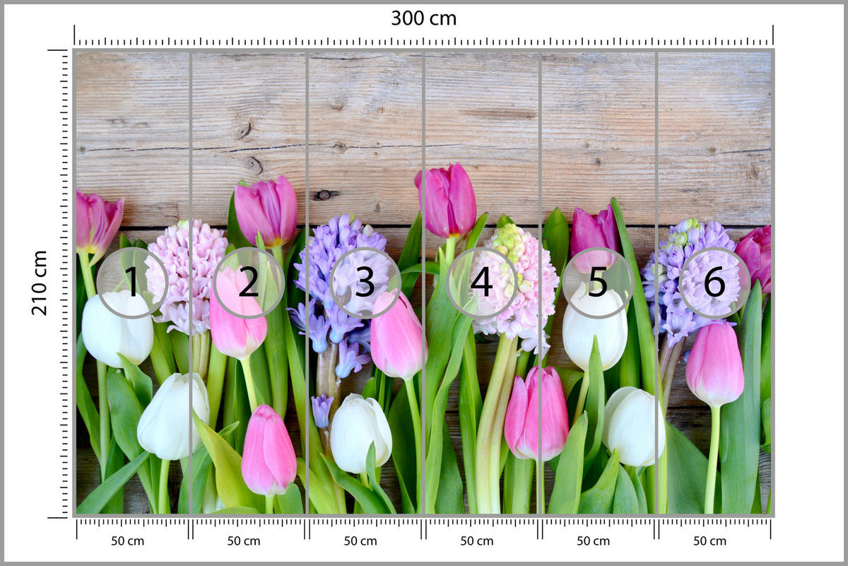 FOTOTAPETE für Küche Rosa Tulpen Violette Hyazinthen Holztisch 300x210 - Ecru/Violett, Papier (300/210cm) - Muralo