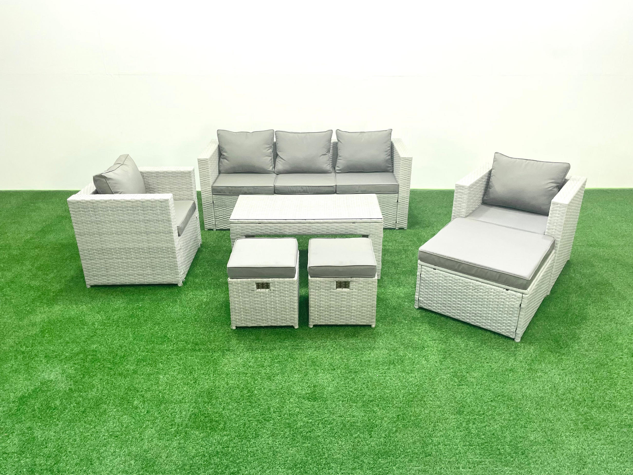 GARTENSET mit 3-SITZER SOFA,COUCHTISCH Polyrattan Hellgrau-Mix 8-Sitzer - Hellgrau/Grau, Glas/Kunststoff - Fimous
