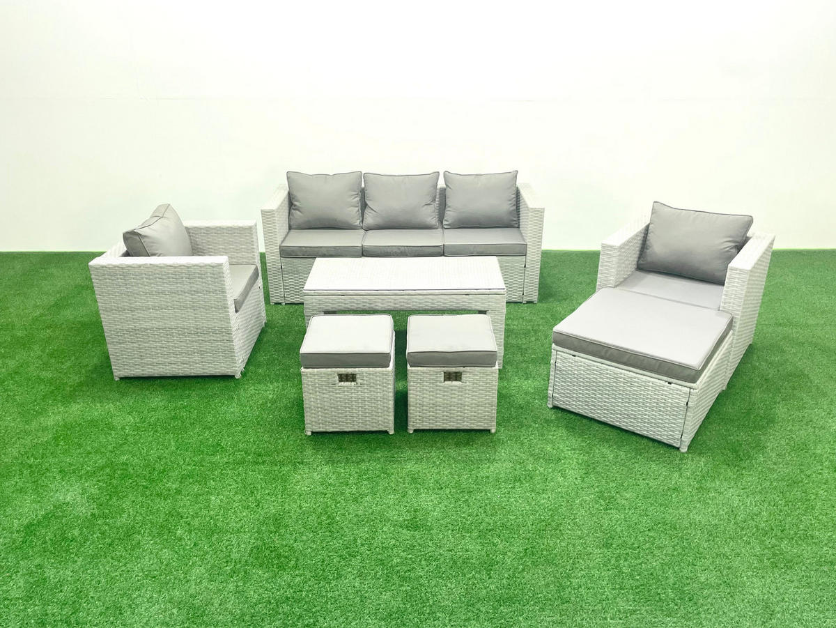 GARTENSET mit 3-SITZER SOFA,COUCHTISCH Polyrattan Hellgrau-Mix 8-Sitzer - Hellgrau/Grau, Glas/Kunststoff - Fimous