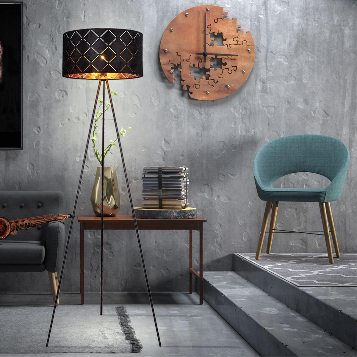 LED STEHLEUCHTE SUNNA schwarz-gold Metall Textil - Goldfarben, Metall (69/69/149cm) - Globo Lighting