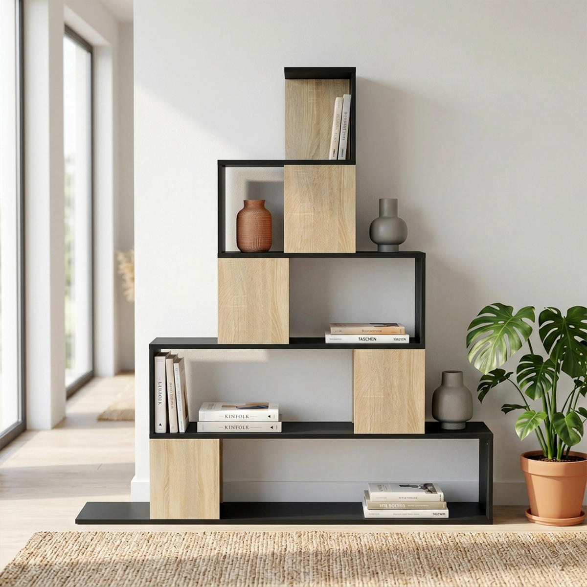 BÜCHERREGAL,5-STUFIG geometrisch,schwarz-naturholz - Schwarz, Holzwerkstoff (120/131.5/22cm) - Vallsero