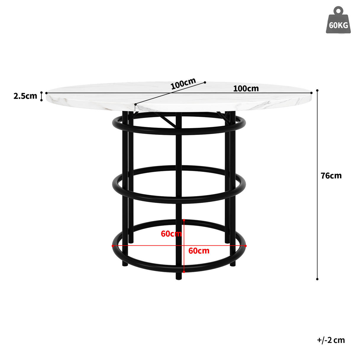 ESSTISCH 100/100/76 cm Schwarz runder Tisch mit Marmoroptik aus MDF mit Metallgestell - Schwarz, Holzwerkstoff (100/100/76cm) - OKWISH