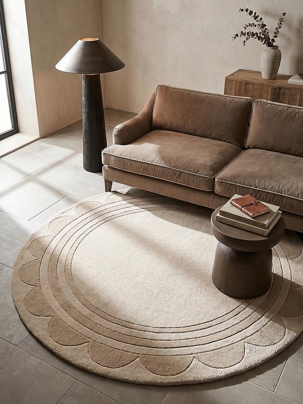 WOLLTEPPICH Grafisches Muster, Rahmen, Wohnzimmer schmutzabweisend Beige Rund 120x120 - Beige, Textil (120/120cm) - KADIMA DESIGN