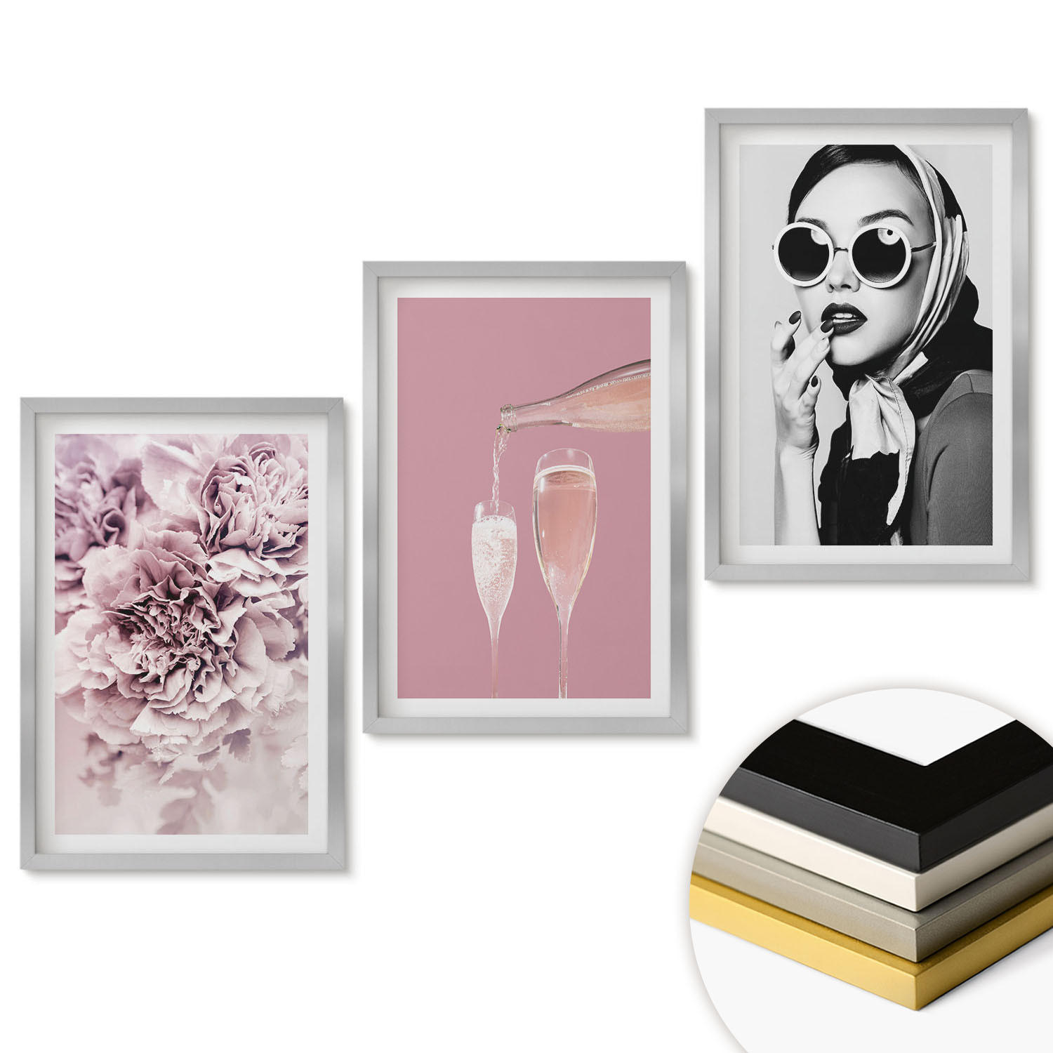 WANDBILDER 3er Set - 40x60 cm Silberner Rahmen - Rosenblüten und eine elegante Dame - Silberfarben, Kunststoff (40/60cm) - ArtPrintCave