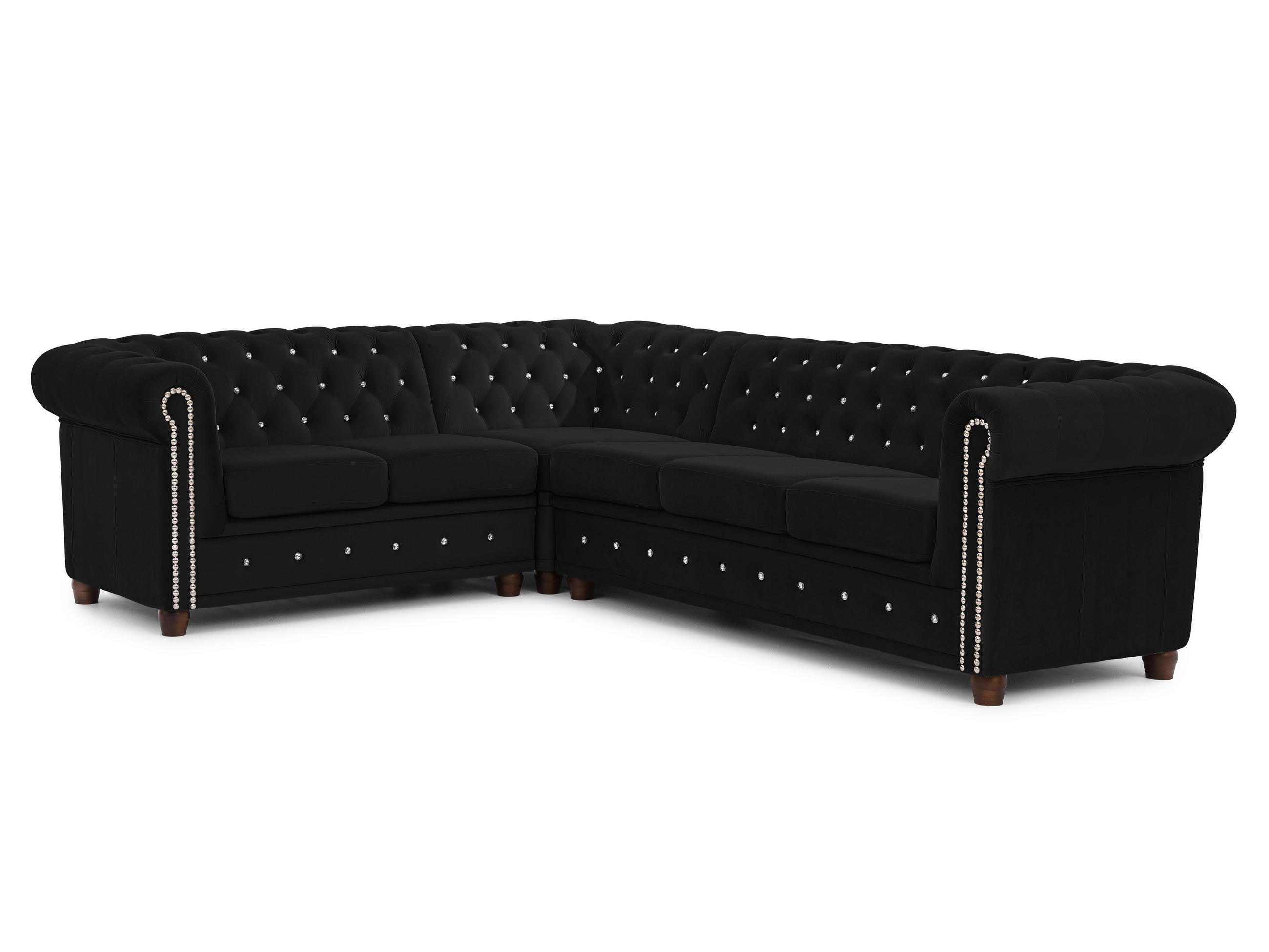 ECKSOFA Chesterfield Cleo Blink Schwarz Samt mit Kristallsteppung und braunen Massivholzfüßen - Ottomane Links - Schwarz/Braun, Holz/Textil (264/210cm) - S-Style Möbel