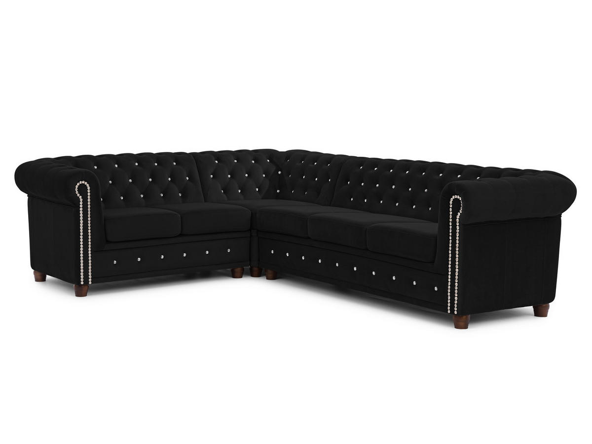ECKSOFA Chesterfield Cleo Blink Schwarz Samt mit Kristallsteppung und braunen Massivholzfüßen - Ottomane Links - Schwarz/Braun, Holz/Textil (264/210cm) - S-Style Möbel