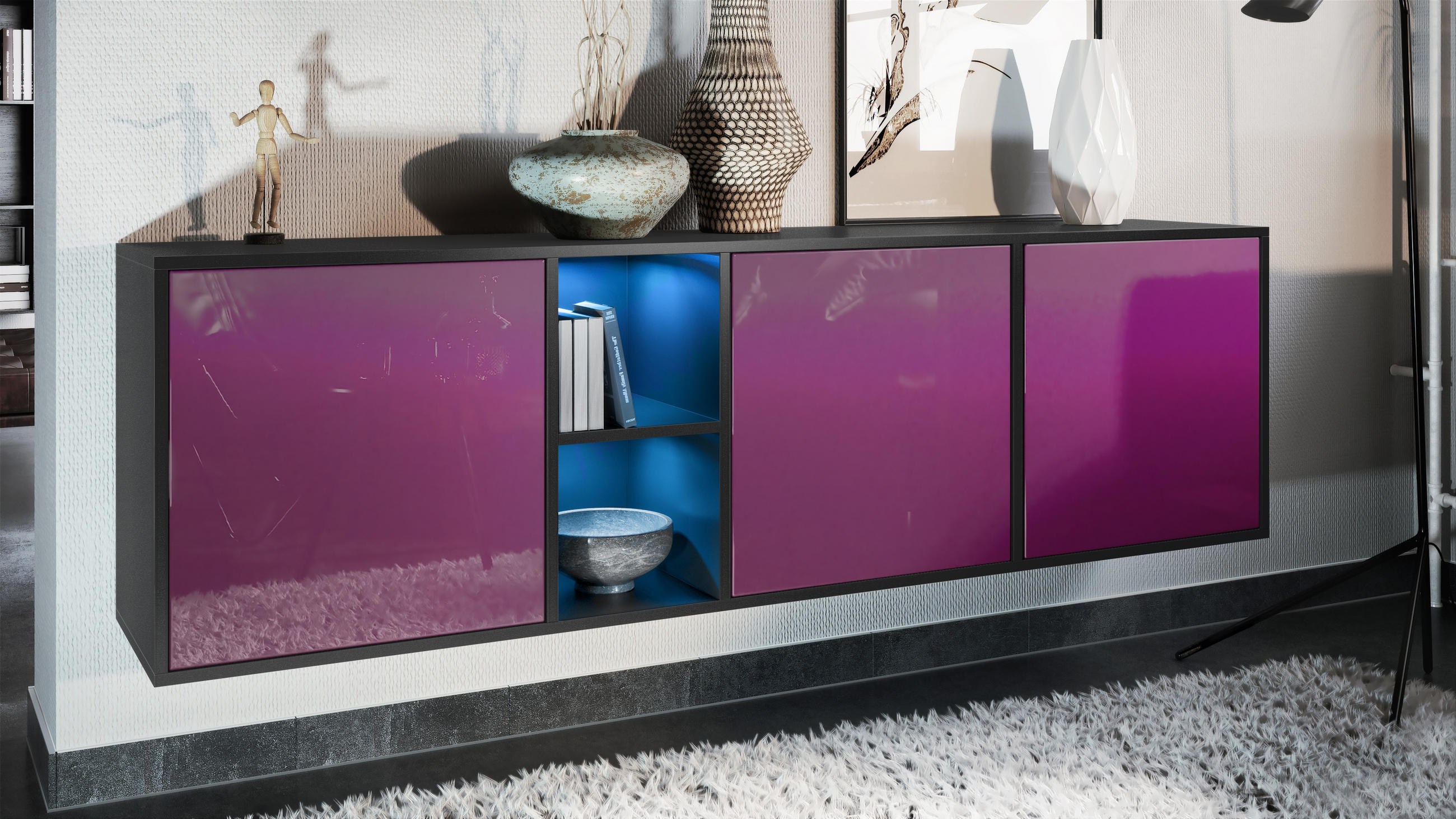 SIDEBOARD Cuba Türen in Brombeer Hochglanz - Brombeere, Holzwerkstoff (182/53/35cm) - Vladon