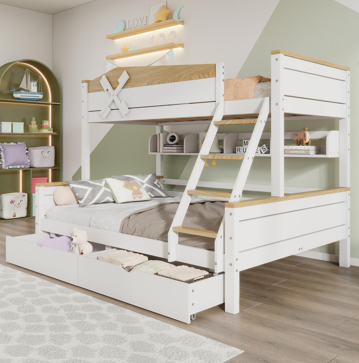 ETAGENBETT aus Kiefer und MDF 90x200/140x200 cm Weiß/Natur mit Regalen, Schubladen und Windmühlen-Design - Weiß, Holzwerkstoff (90/200cm) - Modfu