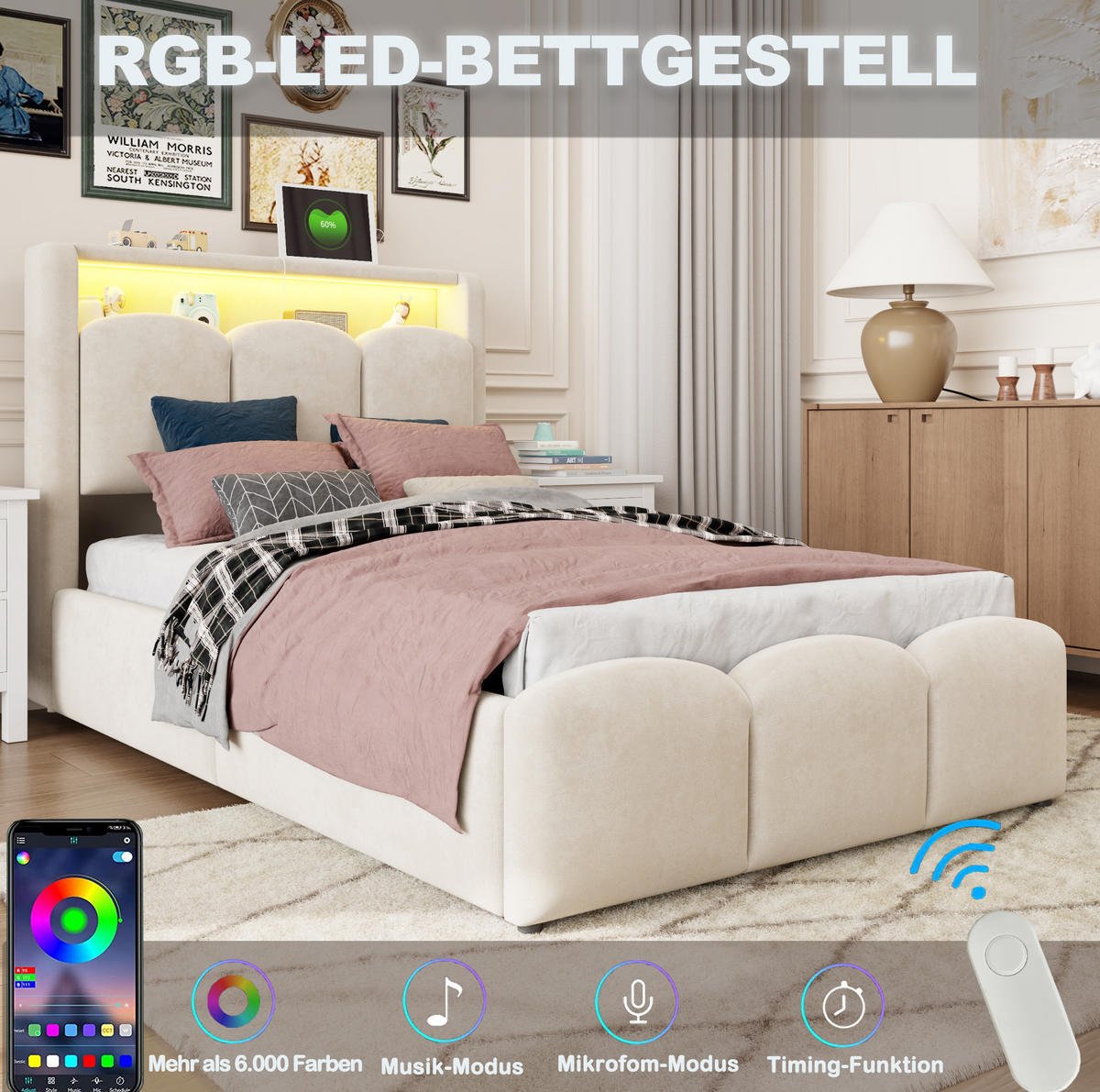 ČALOUNĚNÁ postel 90x200 cm s USB a Typ-C, LED osvětlením, úložným prostorem a sametovým čalouněním, Béžová - béžová, textil (90/200cm) - Redom