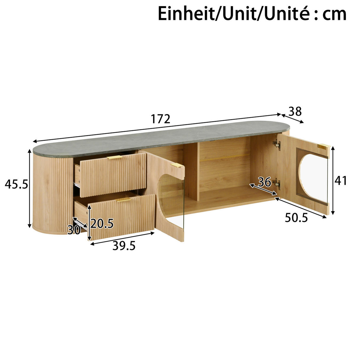 LOWBOARD 172/38/45,5 cm aus MDF mit grauer Glasvitrine und 3D-Türfronten Naturfarben - Hellbraun, Holzwerkstoff (172/45.5/38cm) - Modenvie