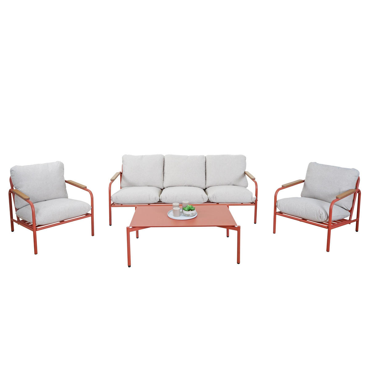GARTENGARNITUR Rot, Beige 1x 3-Sitzer Gartenbank, 2x Sessel und 1x Tisch-Set - Beige/Rot, Metall - MCW