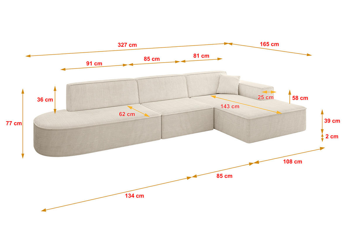 ECKSOFA Ottomane Rechts IREA-L2-v4 - 327x165x77 cm Beige - Beige, Holzwerkstoff/Textil (327/165cm) - ALTDECOR