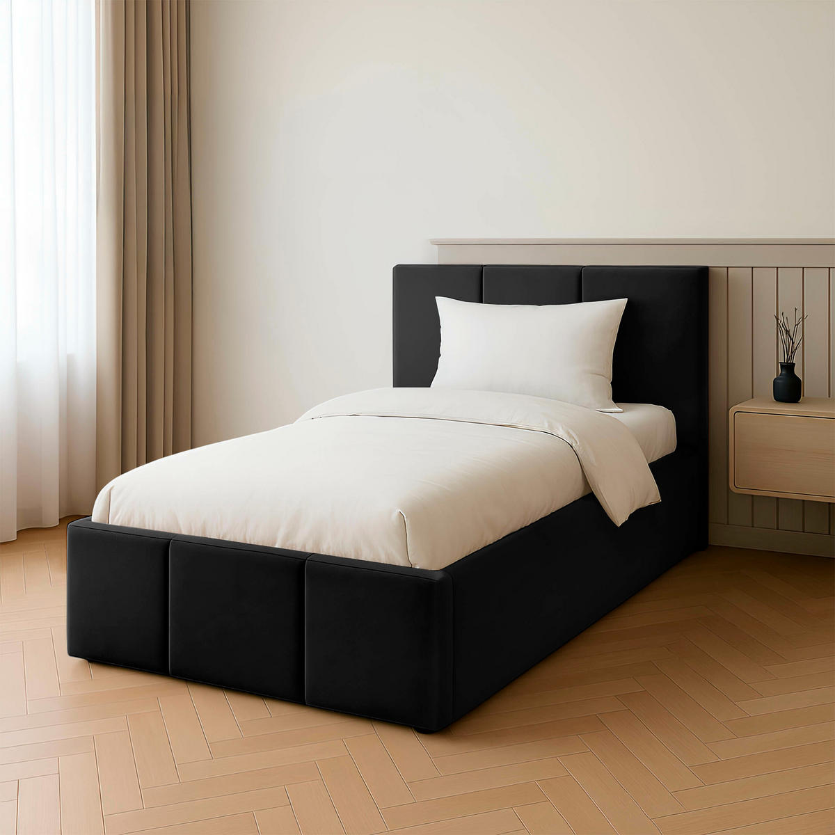 POLSTERBETT für Schlafzimmer Bett mit Stauraum Schwarz 90x200cm Kopfteil 110cm - Schwarz, Holzwerkstoff (90/200cm) - Muralo