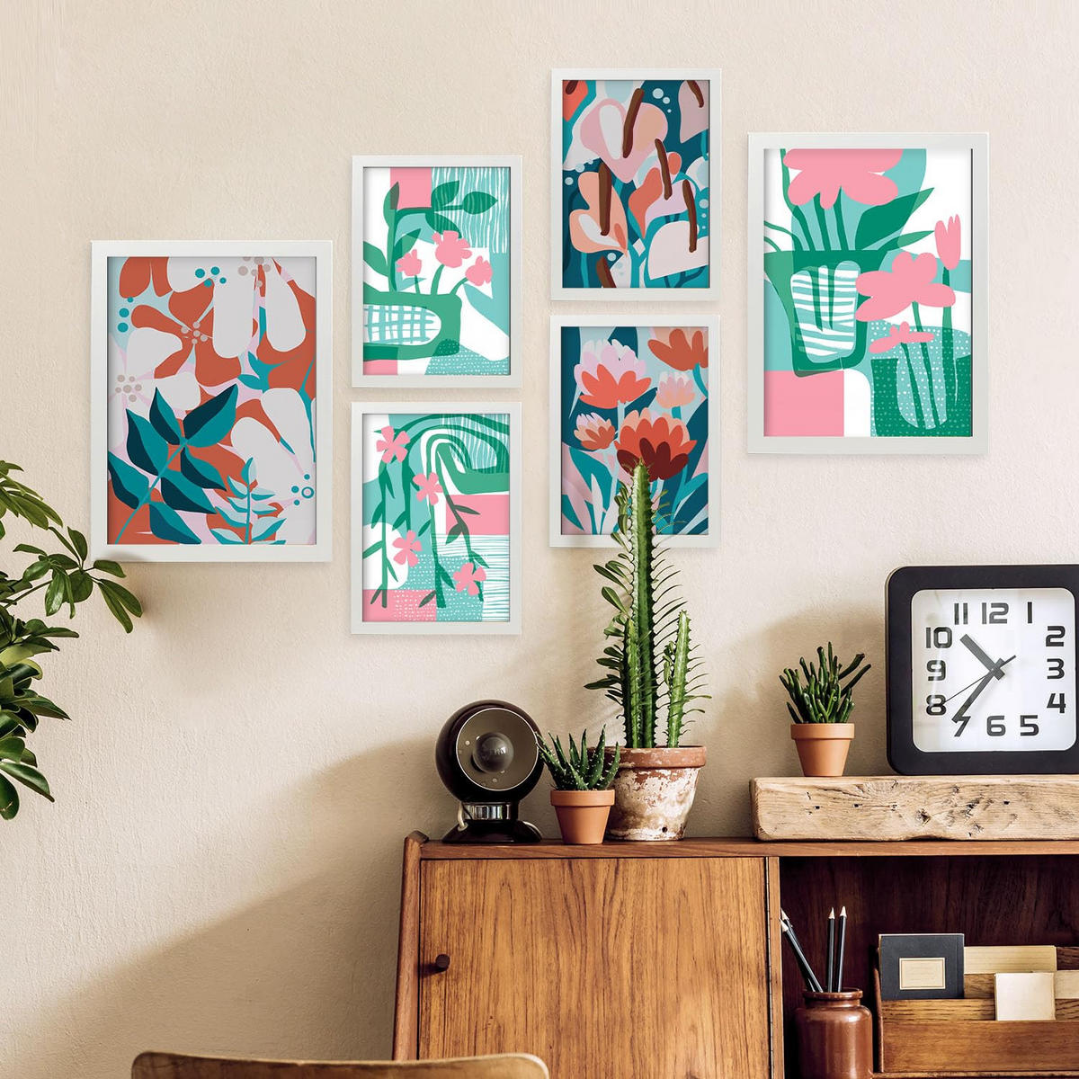 POSTER Set Mit 6 Pinkes Grün In Blume Zusammenfassung Ästhetische Dekorative Gemälde Für Ihr Wohnzimmer, Schlafzimmer, Zuhause A3 & A4 Weißer Rahmen - Weiß, Papier (29/3cm) - Nacnic