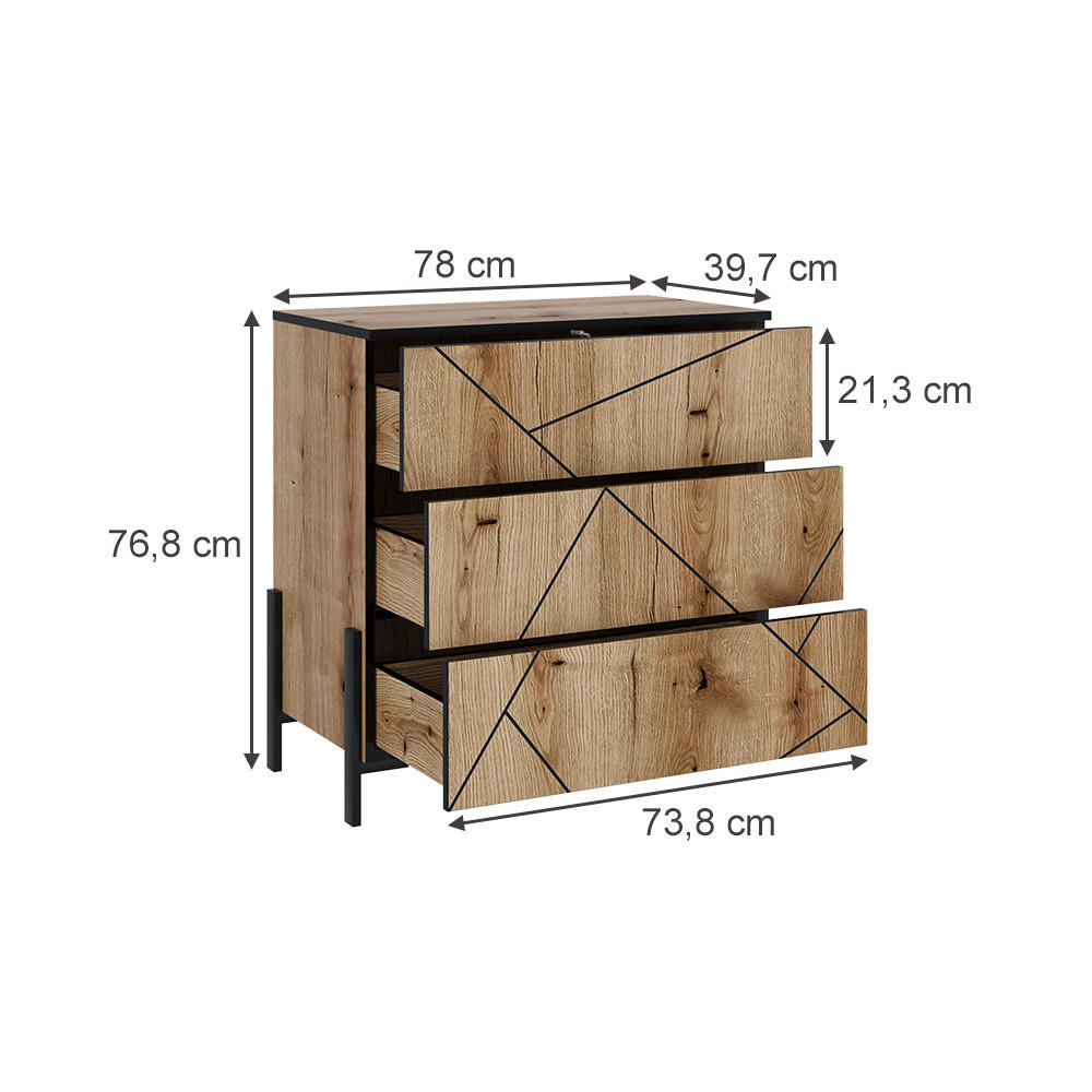 KOMMODE Hatto Eiche 78 x 76.8 cm mit 3 Schubladen - Eichefarben, Holzwerkstoff (78/76.8/39.7cm) - Vicco