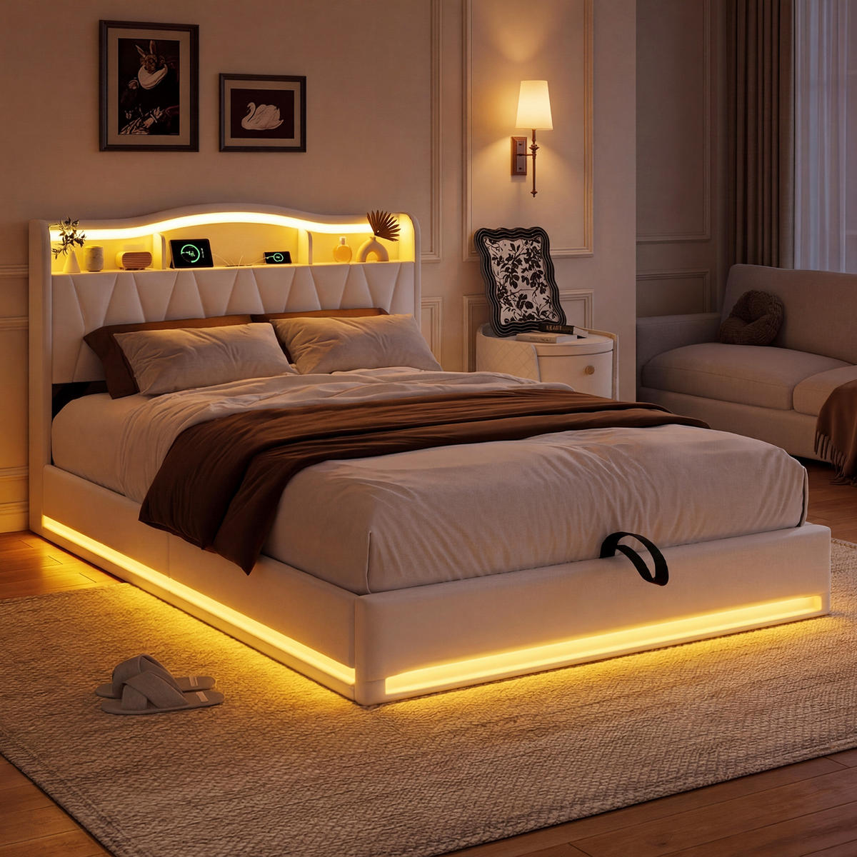 POLSTERBETT 160/200 cm,Jugendbett mit LED Beleuchtung und Ladefunktion - Beige, Holz/Textil (160/200cm) - PARAFTA HOME