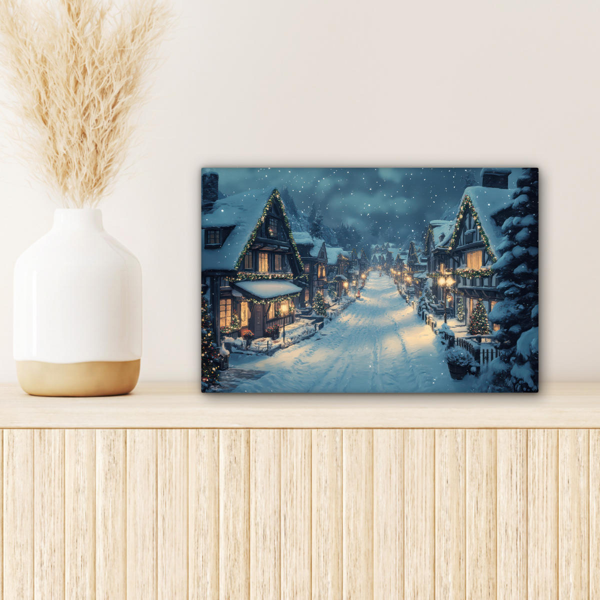 LEINWANDBILD Weihnachtsdorf - Weihnachten - Schnee - Winter 30x20 cm - Dunkelblau, Textil (30/20cm) - MuchoWow