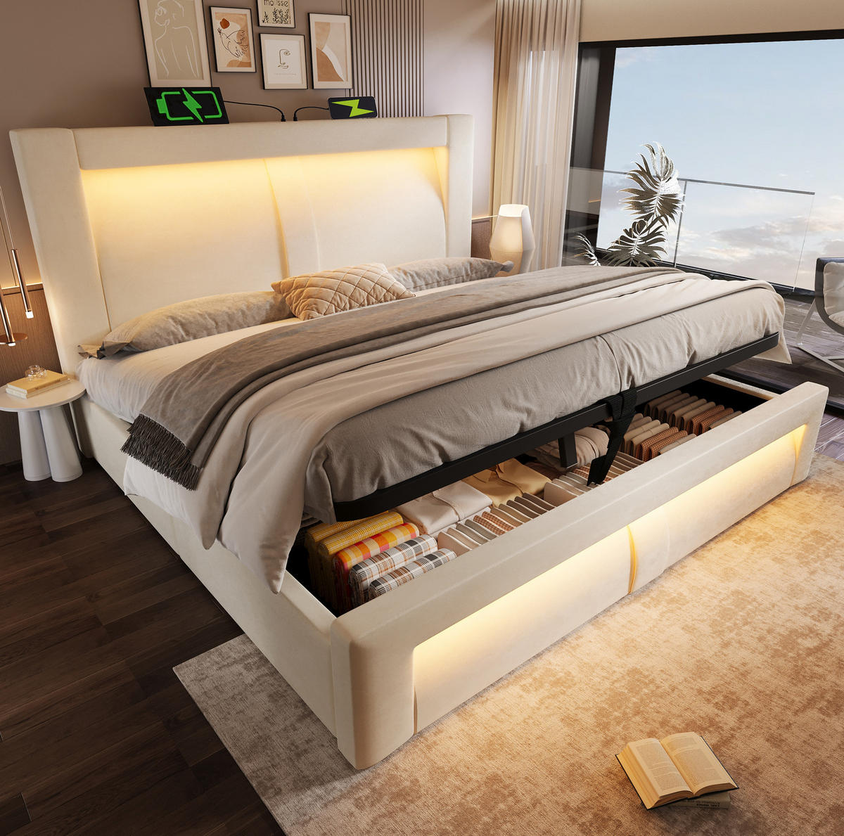 BETT mit Stauraum und LED 160x200 cm Samt Beige - Beige, Metall (160/200cm) - Meubliv