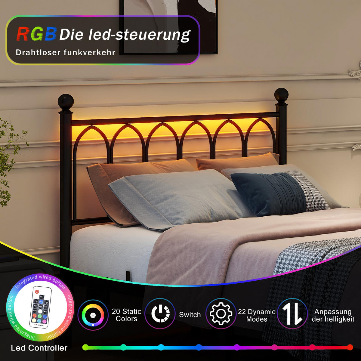 METALLBETT 120x200 cm LED USB schwarz - Schwarz, Metall (120/200cm) - LEBENLANG