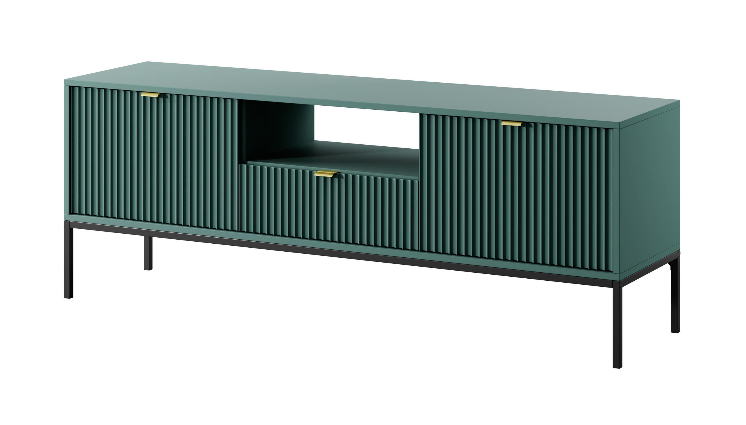 LOWBOARD Eternas 2T 1S Grün 154/56/39 cm – schwarze Füße, mit geriffelten Fronten und offener Ablage - Schwarz/Grün, Holzwerkstoff (154/56/39cm) - AX Living