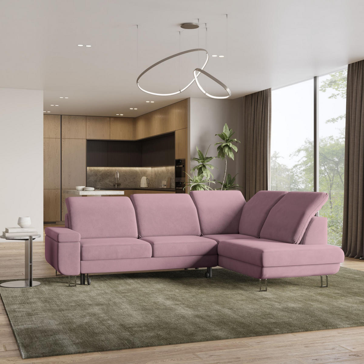 ECKSOFA LERMA R-S Lila Velours-Stoff mit Schlaffunktion - Lila, Holz (253/190cm) - MASSENO