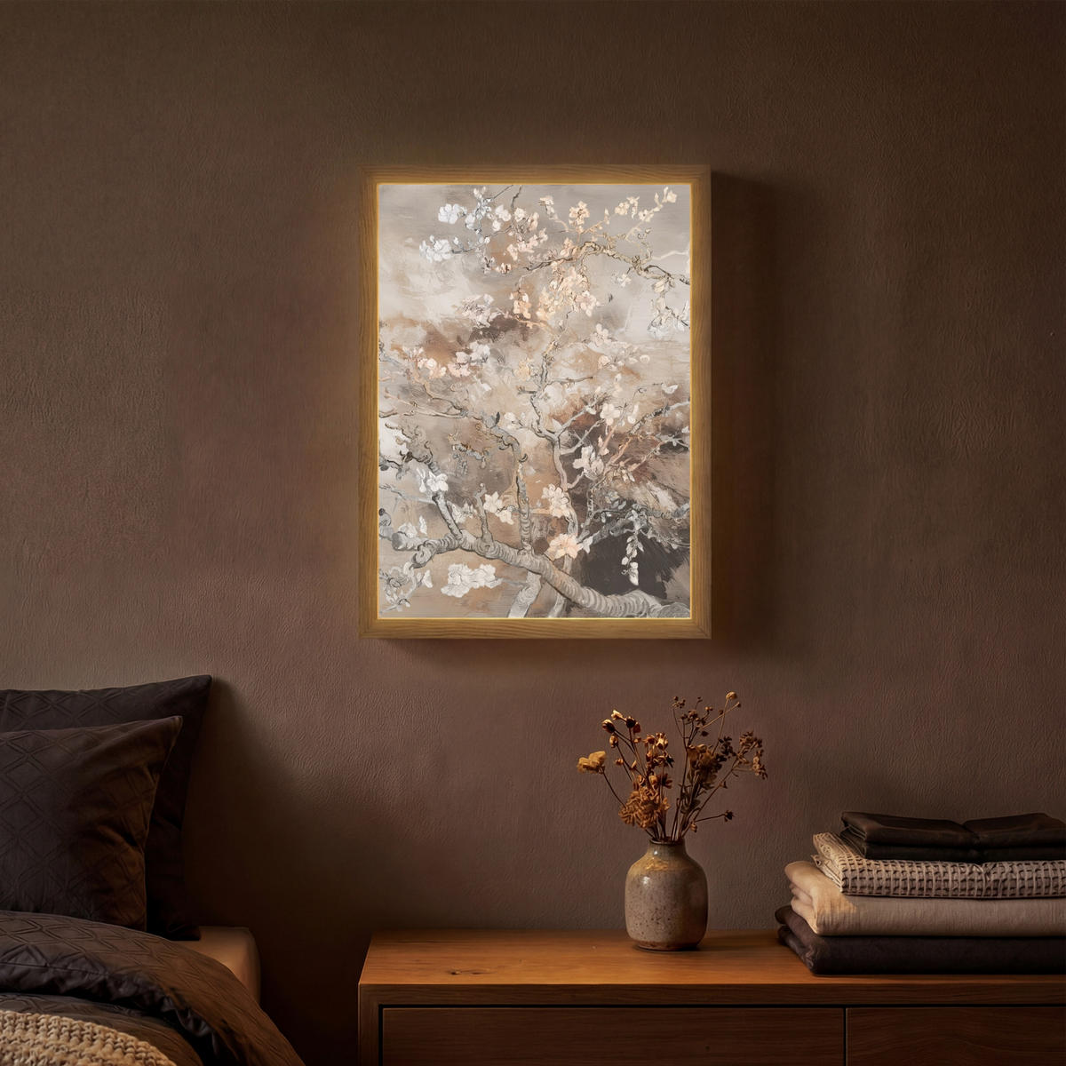 NÁSTĚNNÁ LAMPA S AKUMULÁTOREM Mandlový květ - Umění - Van Gogh - Béžová - Abstraktní 30x40 cm - šedohnědá, kompozitní dřevo (30/40/8cm) - OnlyWow