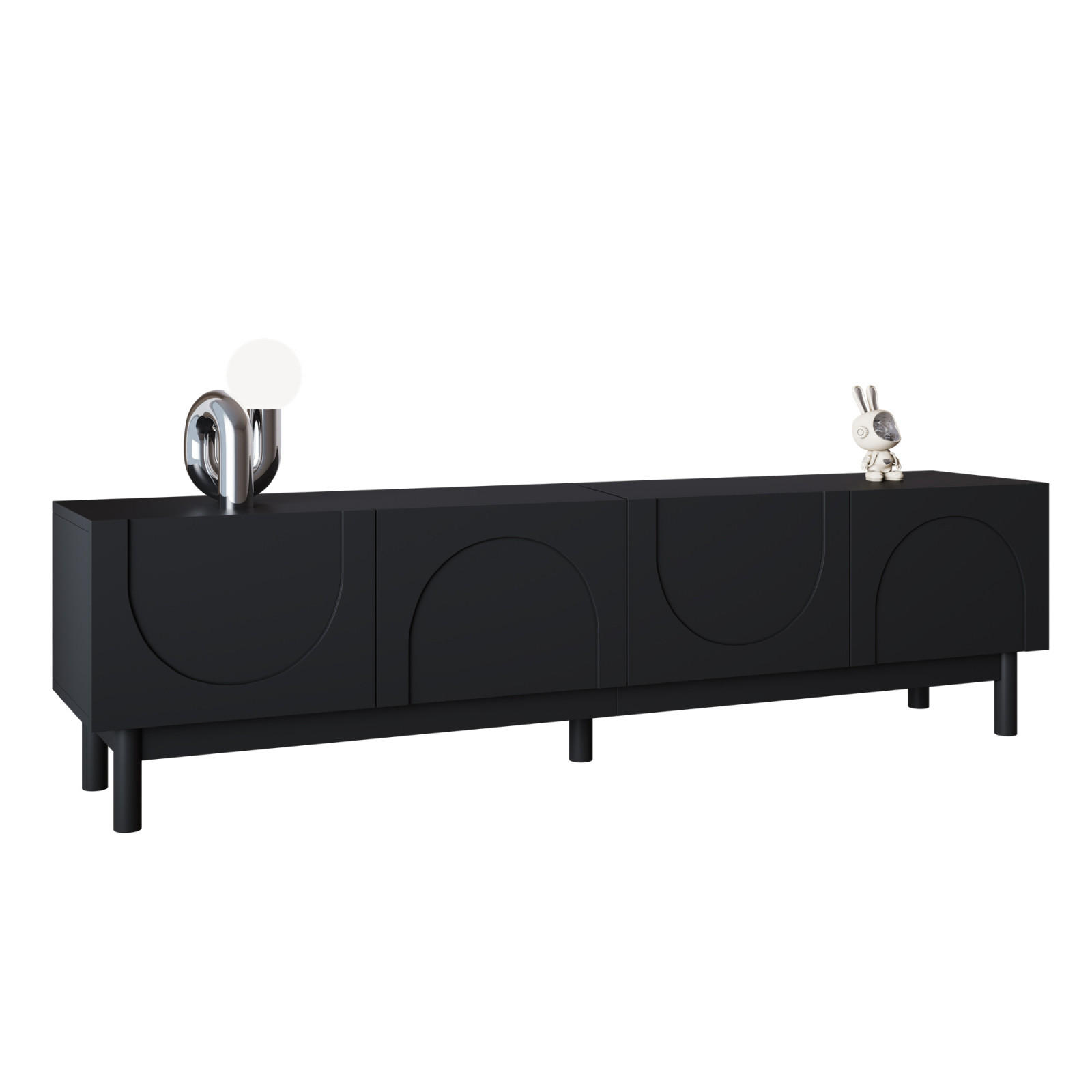 TV Lowboard 4 Türen, verstellbare Einlegeböden, Schwarz - Schwarz, Holz (169/45/34cm)
