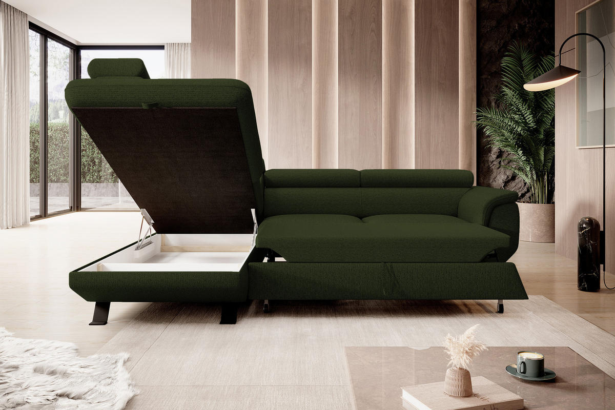 ECKSOFA RAVEN L mit Schlaffunktion und Bettkasten, Freistehend, Polstersofa mit Verstellbaren Kopfstützen, 257x198x96 cm, Linke, Dunkelgrün - Waldgrün, Holz/Textil (198/256cm) - DomoHome