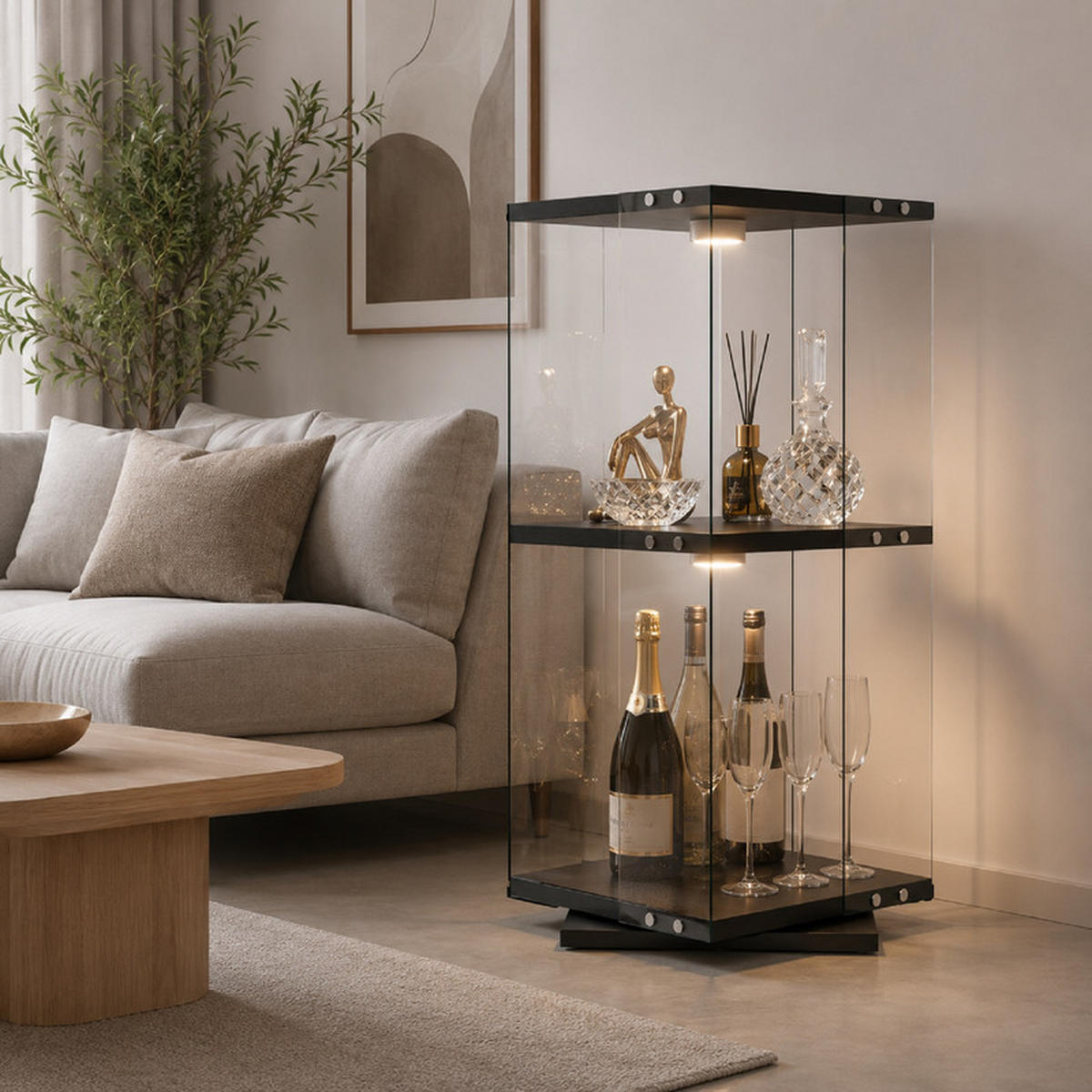 DREHVITRINE 360° mit RGB LED, 2 Ebenen, Glasvitrine schwarz für Deko - Schwarz, Glas (38/82/38cm) - SHOPENTRA