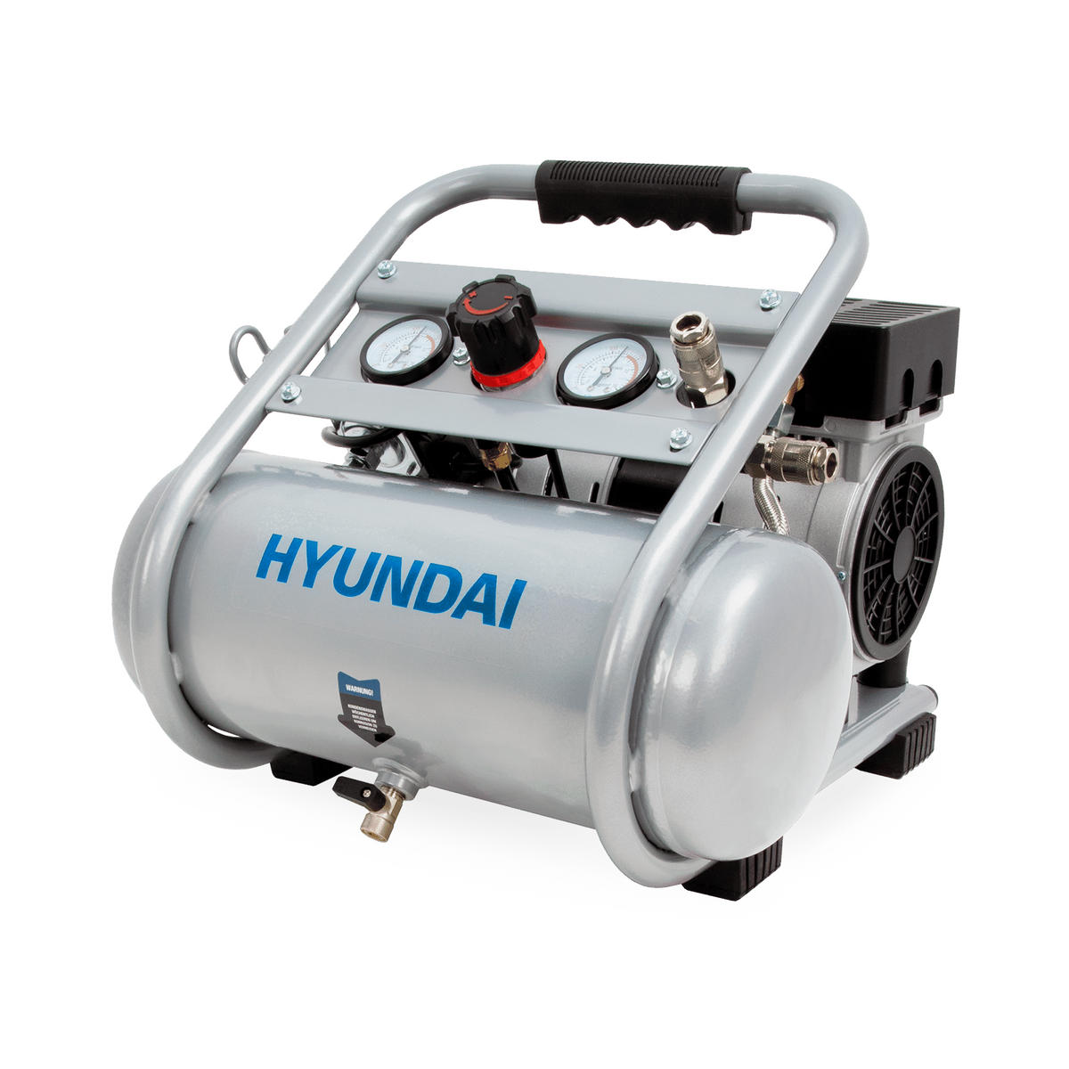 SILENT Kompressor SAC75008 (9 bar, 8L, tragbar, ÖLFREI, 49 dB, 750 W / 1 PS) - Silberfarben, Metall (41/41/35cm) - HYUNDAI
