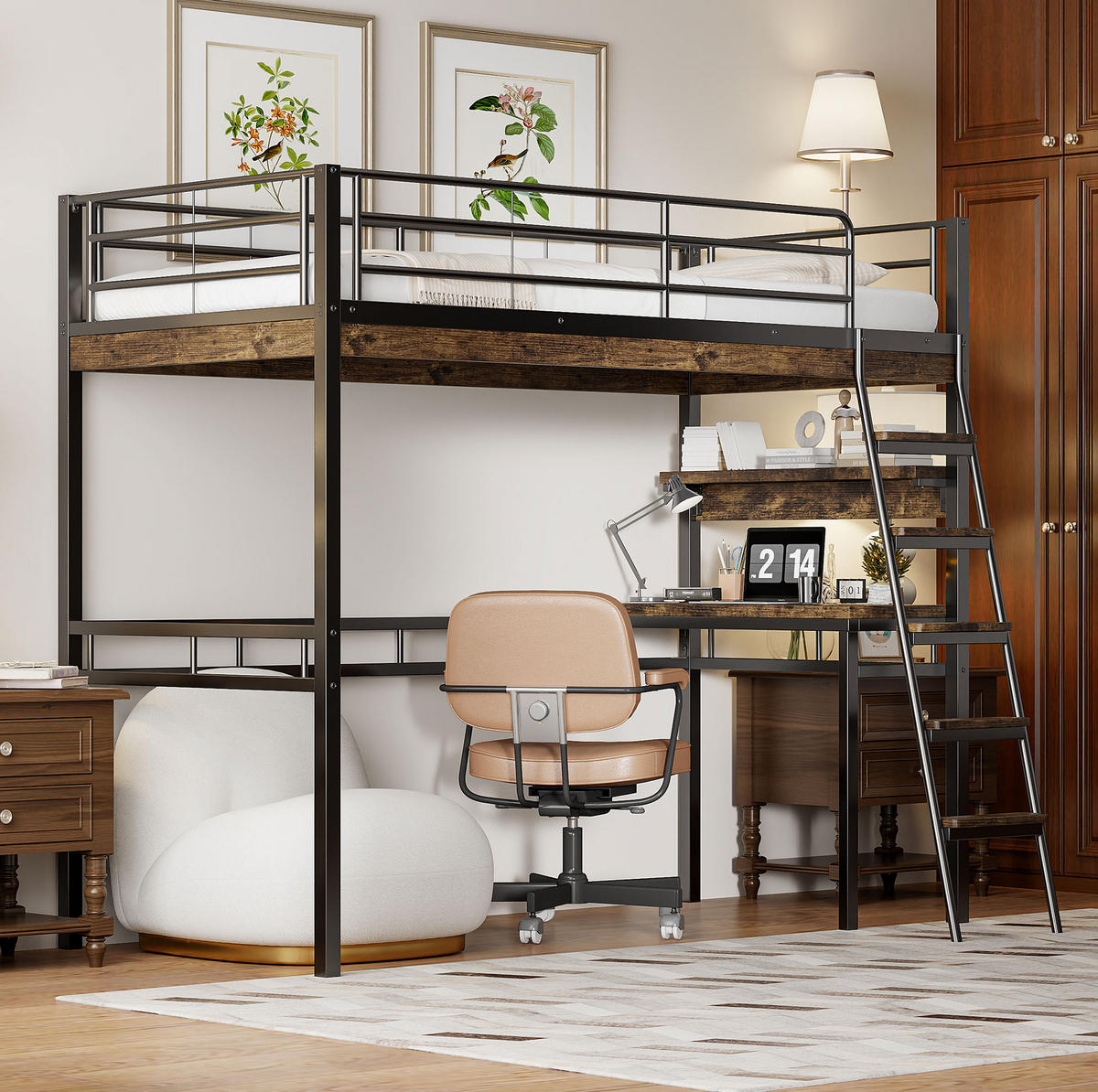 VYSOKÁ postel 90/200 cm černá s psacím stolem a policemi z kovu a MDF - černá, kov (90/200cm) - OKWISH