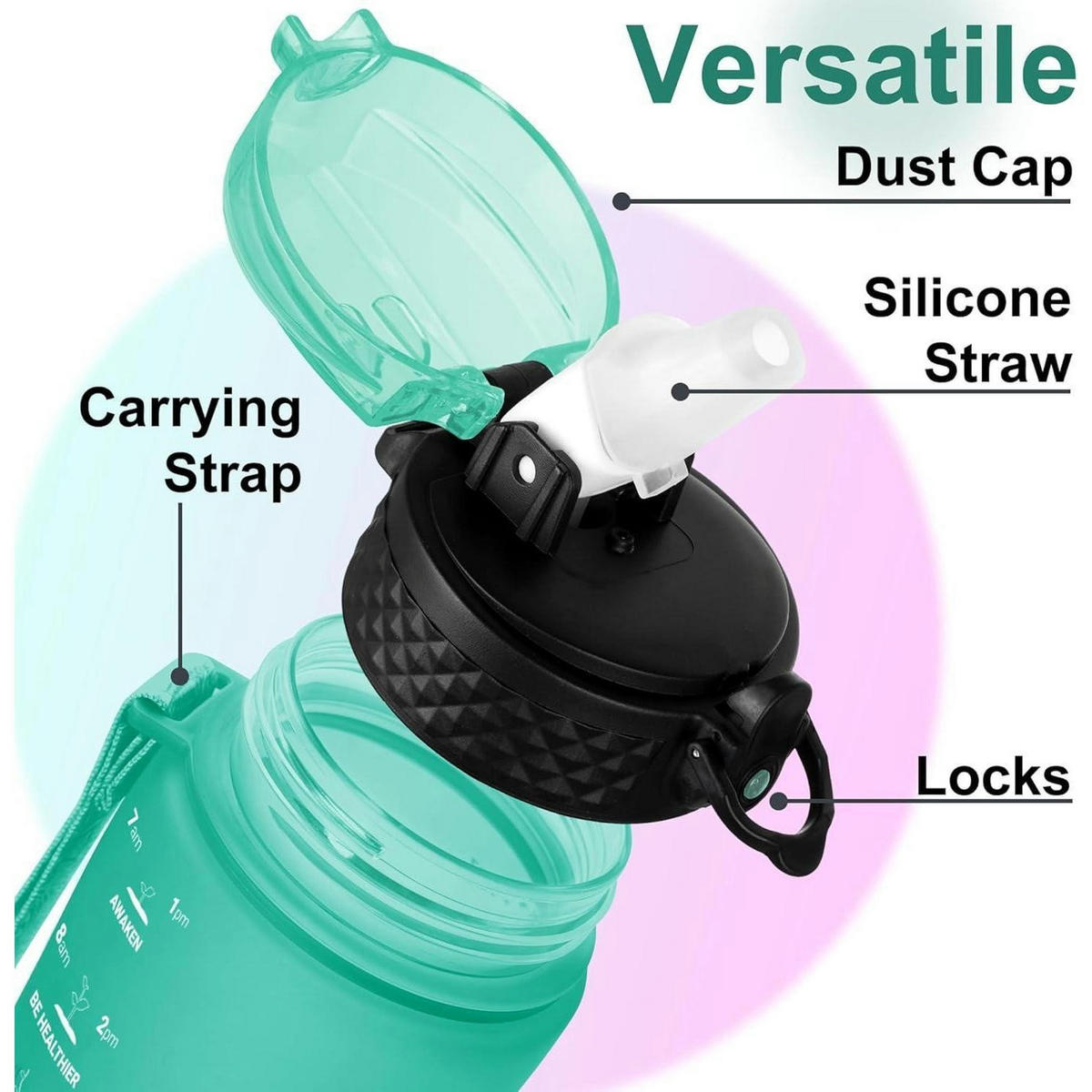 TRINKFLASCHE 500 ml BPA-frei mit Strohhalm und Trageriemen Grün Lila - Multicolor, Kunststoff (6.5/23.5cm)