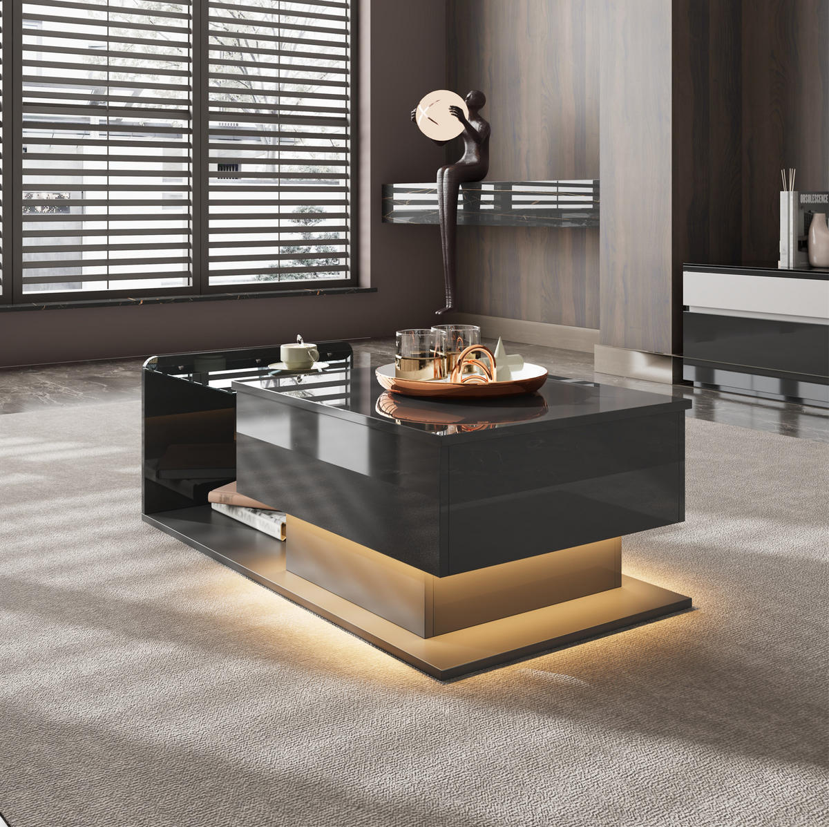 COUCHTISCH 100/50 cm in Schwarz Hochglanz, höhenverstellbar mit LED-Beleuchtung - Schwarz, Holzwerkstoff (110/50/47.5cm) - Flora Grace