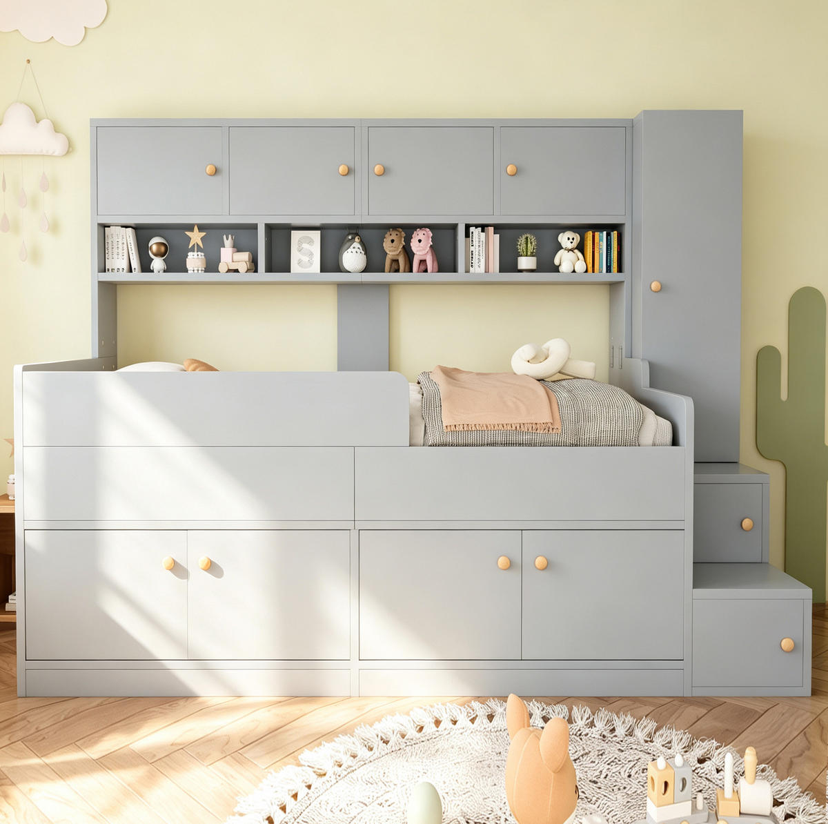 KINDERHOCHBETT 90x200 cm in Grau mit Stauraum, Kleiderschrank und LED-Beleuchtung - Grau, Holz (90/200cm) - IVMEU