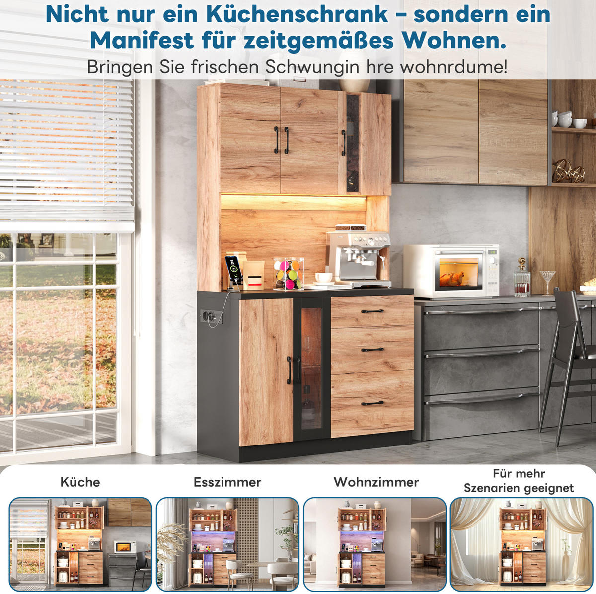 BUFFET 105/40/180 cm aus MDF mit LED-Beleuchtung und Steckdosenleiste Schwarz (Holzoptik) - Naturfarben, Holzwerkstoff (105/180/40cm) - Modenvie