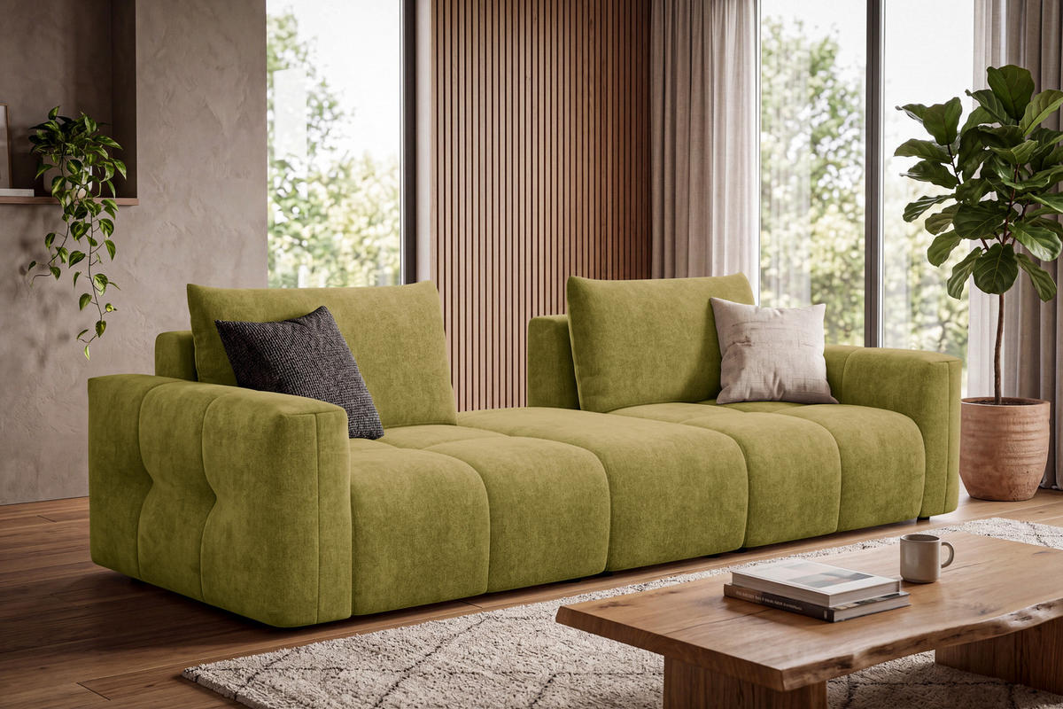 SOFA VERONA 4-Sitzer, Khaki - Schwarz/Grün, Holz/Textil (282/83/110cm) - Courtois Laville