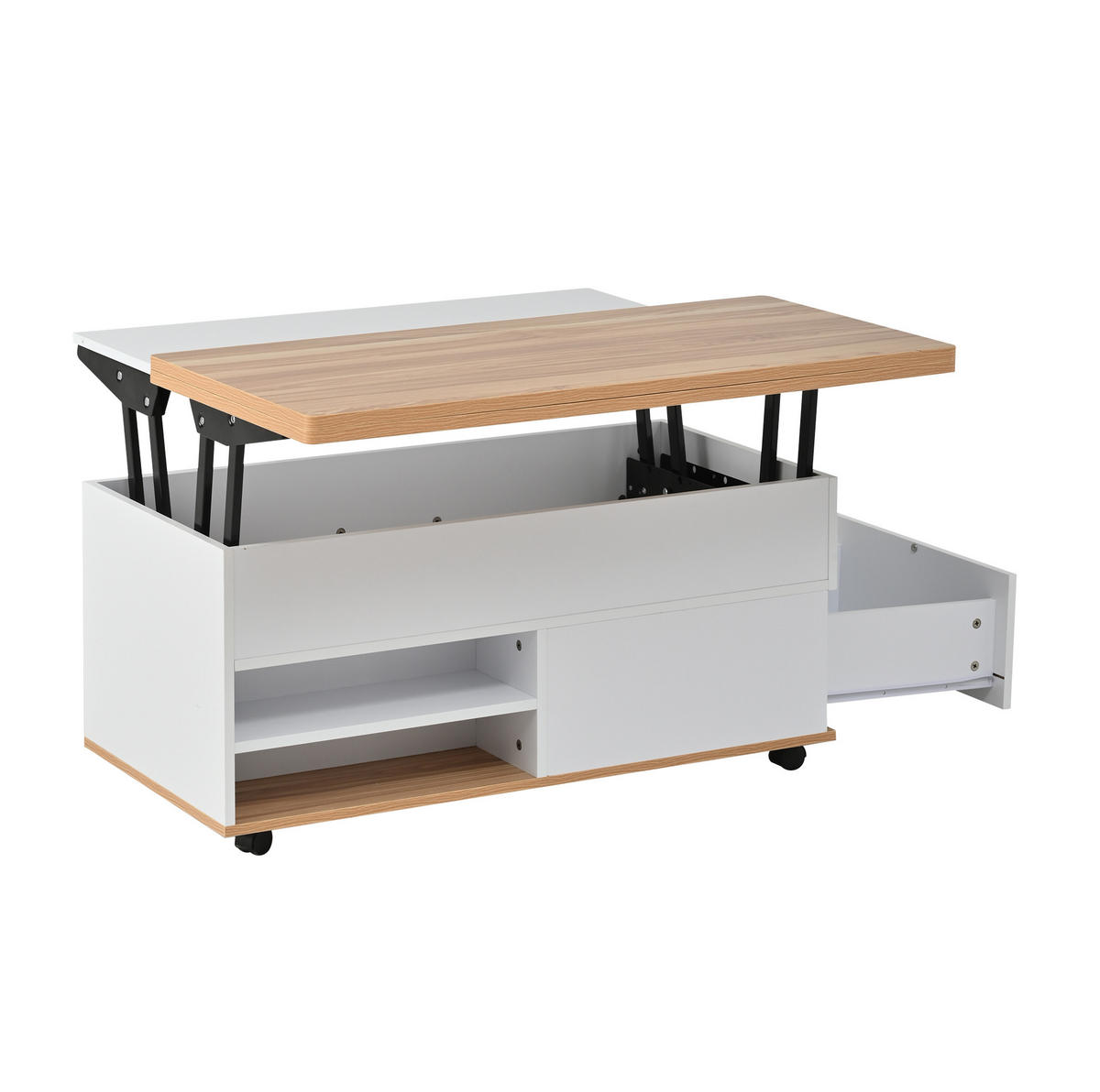 COUCHTISCH 100/98/65 cm höhenverstellbar mit hydraulischer Hubplatte, Stauraum und Rollen aus Spanplatte, Weiß/Naturholzfarbe - Weiß, Holzwerkstoff (100/98/65cm) - Modfu