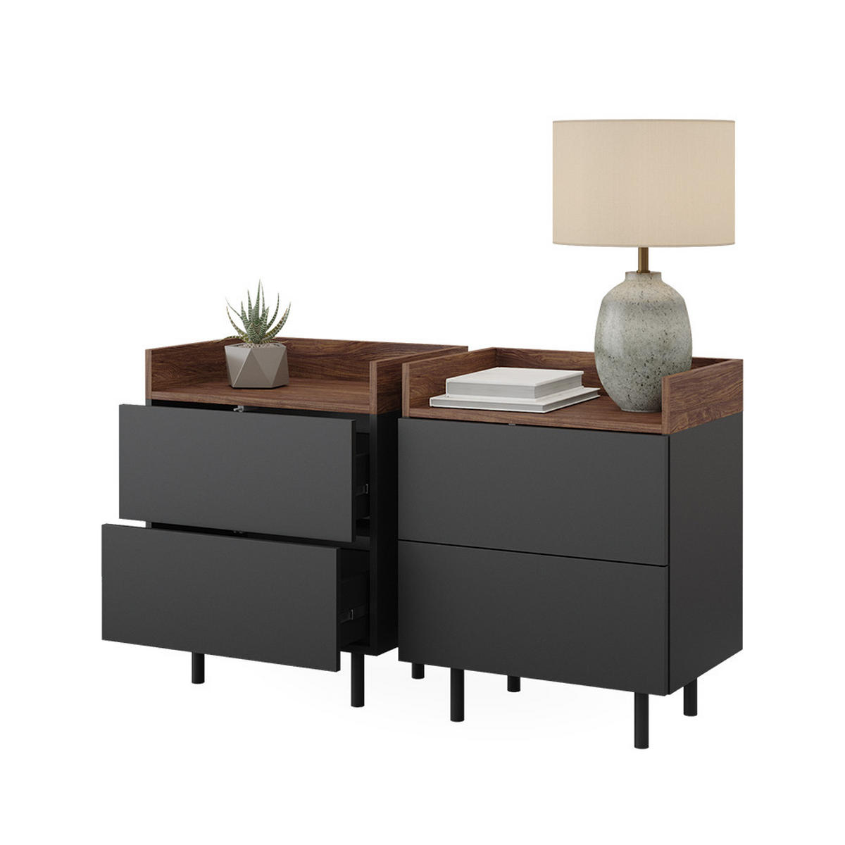 NACHTTISCH Anika Anthrazit 54 x 68 cm 2er Set - Anthrazit/Walnussfarben, Holzwerkstoff (54/68/40cm) - Vicco