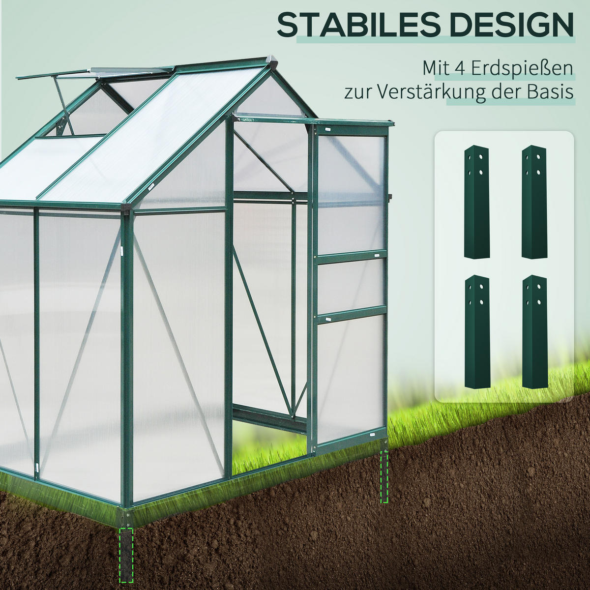 GEWÄCHSHAUS mit Dachfenster mit Tür mit Fundament, Alu+Polycarbonat, Grün+Transparent - Transparent/Grün, Kunststoff/Metall (132/201/190cm) - Outsunny
