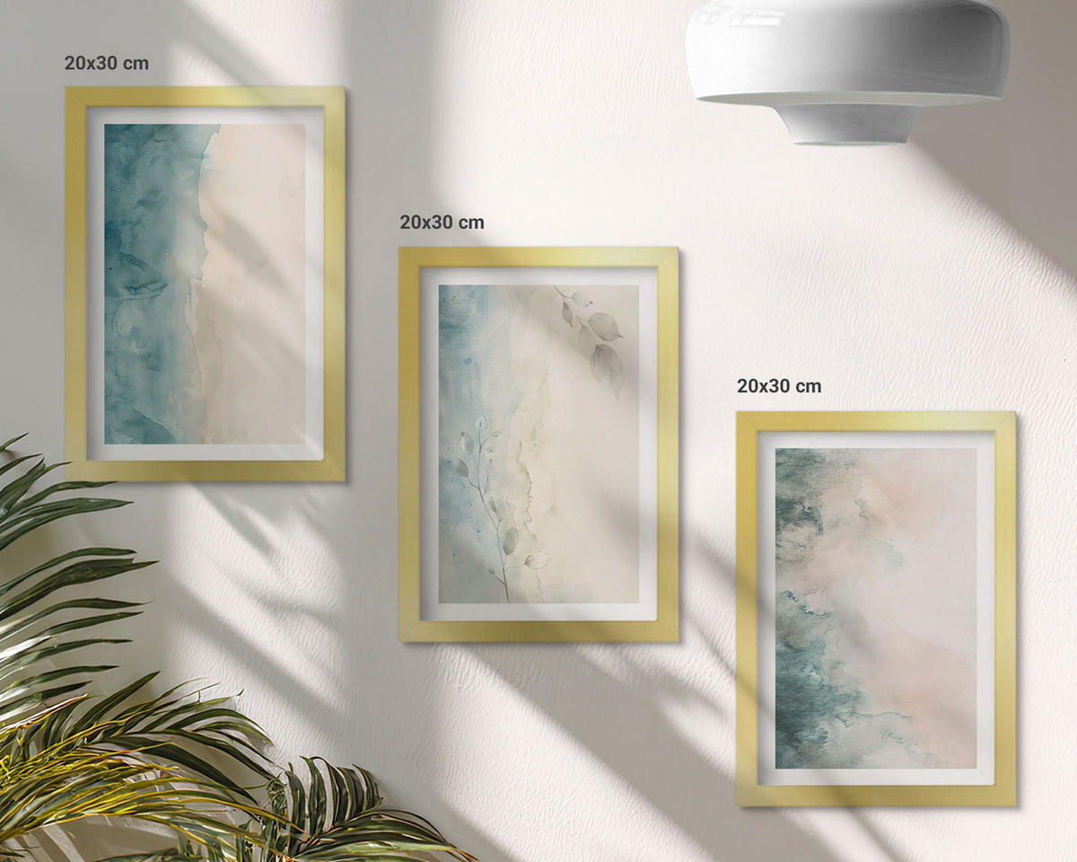 WANDBILDER 3er Set - 20x30 cm Goldrahmen - Minimalismus auf Aquarellleinwand - Goldfarben, Kunststoff (20/30cm) - ArtPrintCave