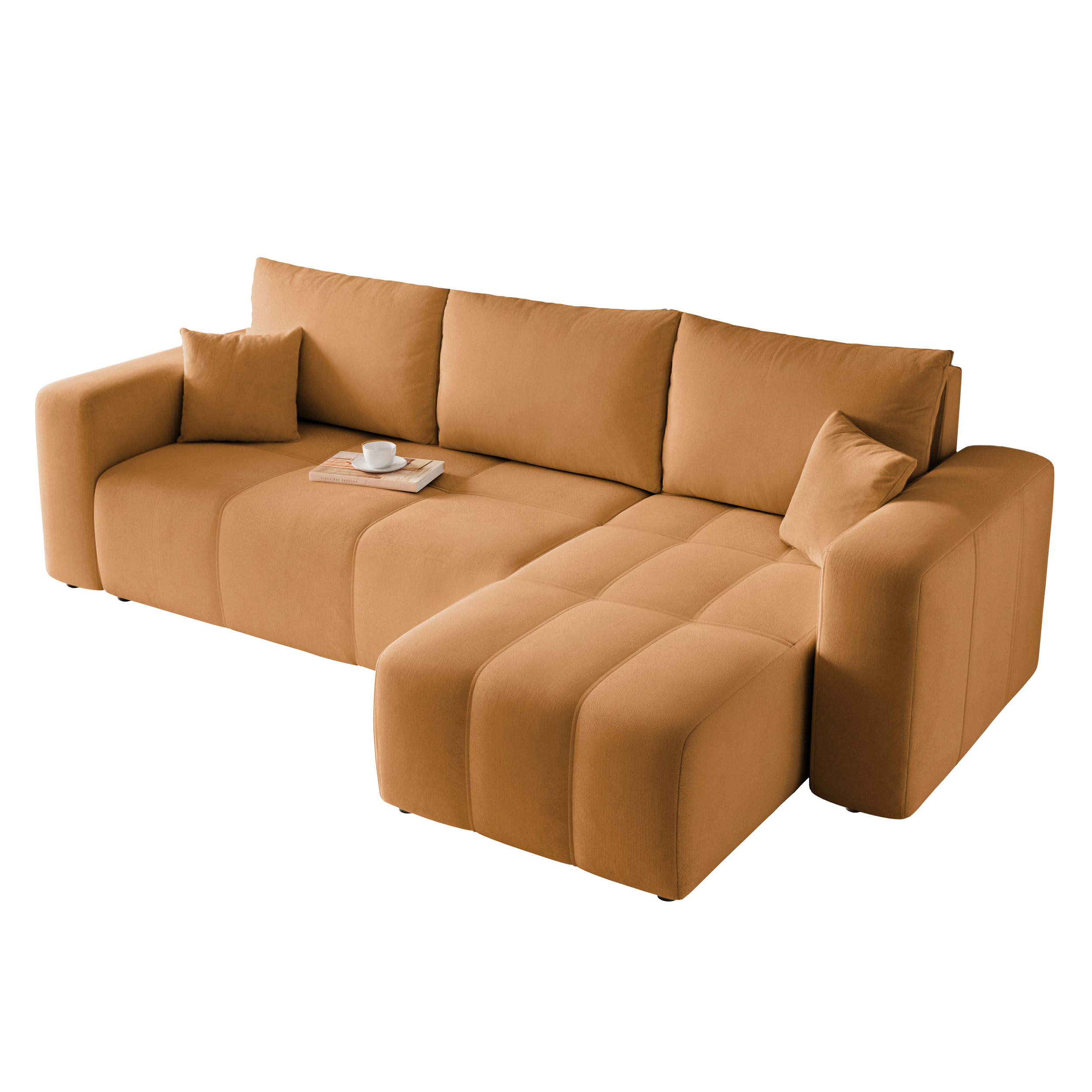 ECKSOFA Senfgelb Velours mit Bettkasten und Schlaffunktion - Honig, Textil (248/145cm) - Idohome