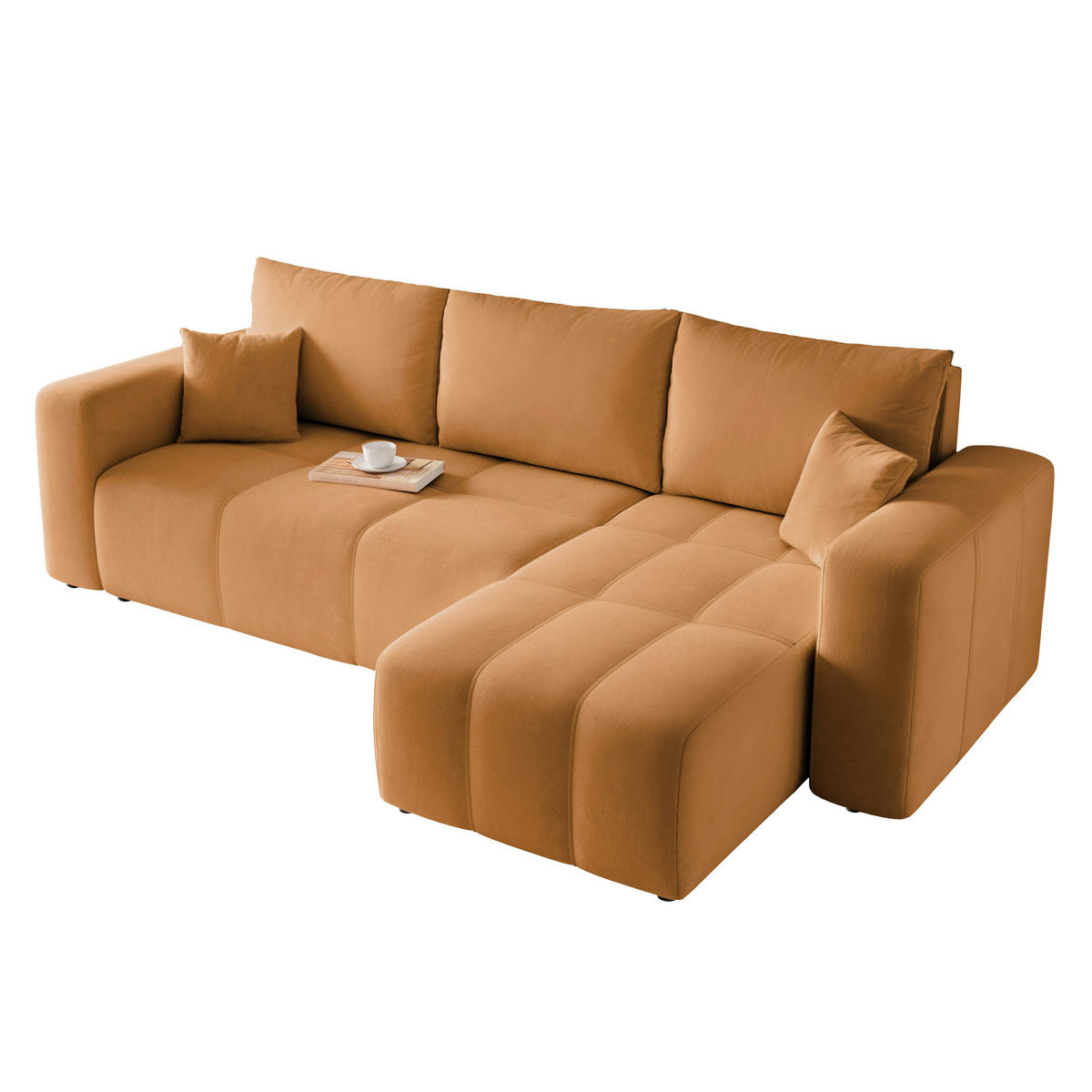 ECKSOFA Senfgelb Velours mit Bettkasten und Schlaffunktion - Honig, Textil (248/145cm) - Idohome