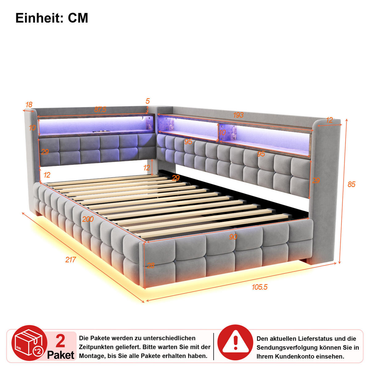 SCHLAFSOFA 90/200 cm in Hellgrau Samt mit Bettkasten, LED und USB/Type-C - Hellgrau, Holzwerkstoff/Textil (90/200cm) - CHICFURN