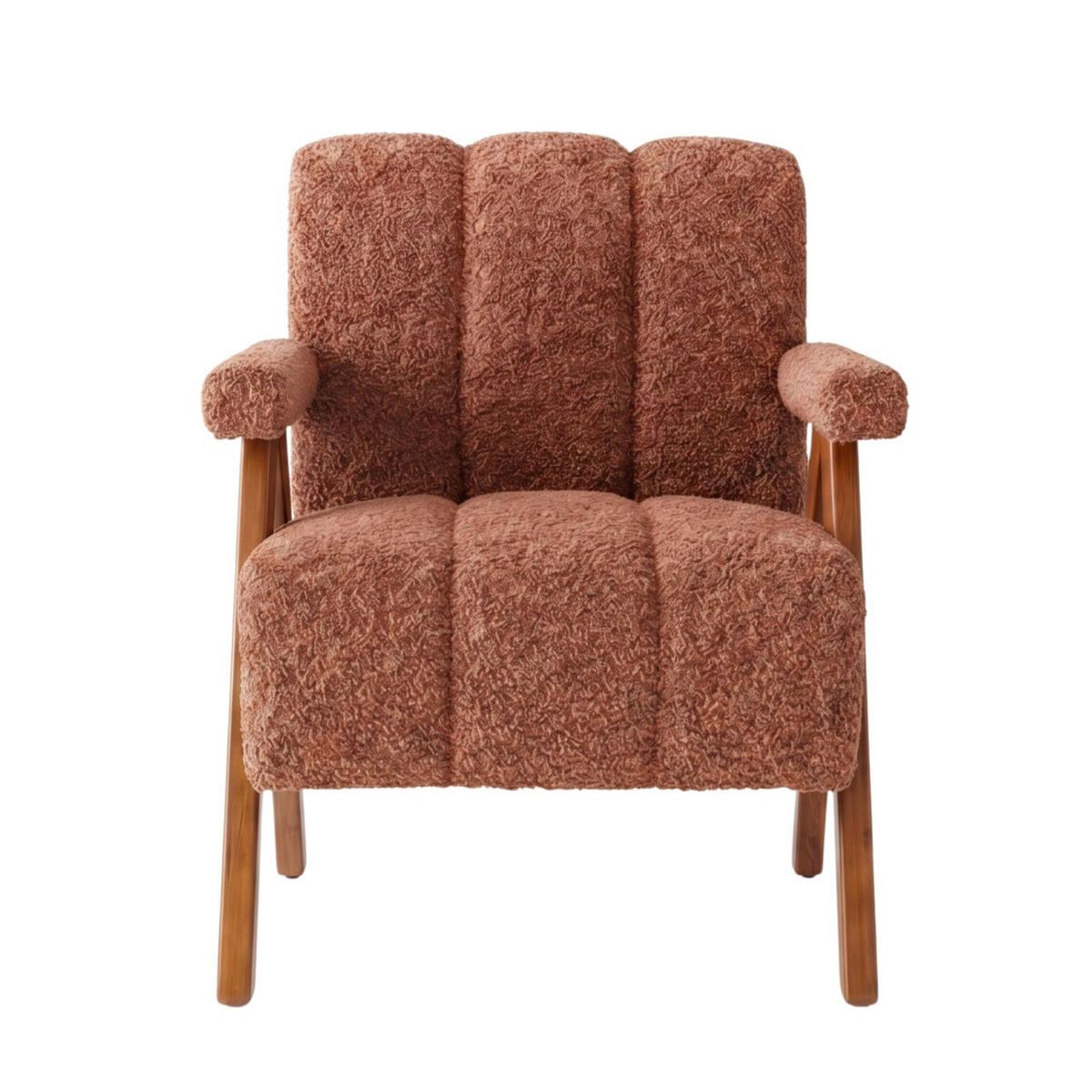 FÅTÖLJ i Bouclé och Ekträ, modern accentstol - Rostfärgad, Trä (77/77/68.5cm) - Urban Meuble