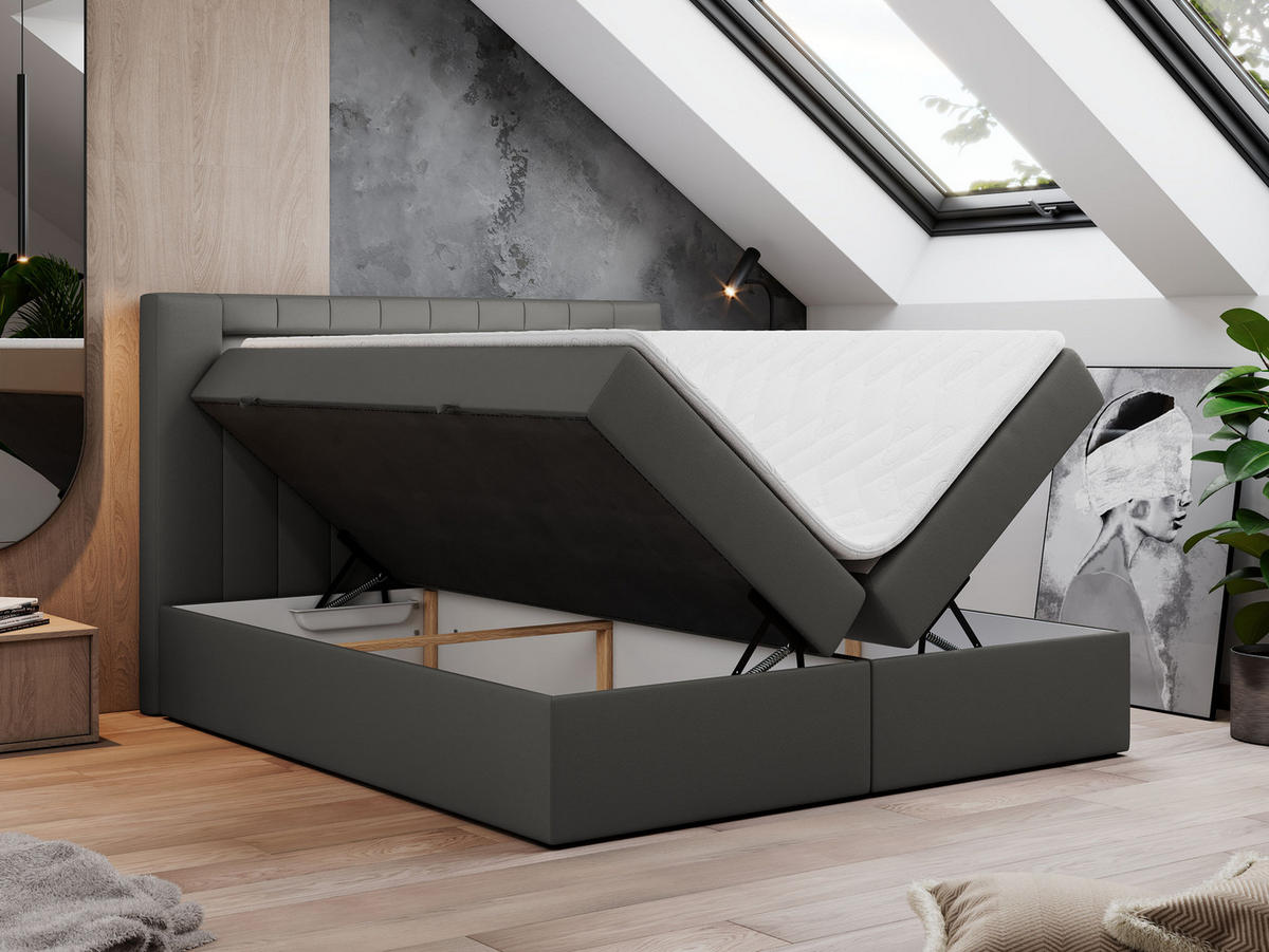 BOXBETT GOLD-5 LED 200/200 Dunkelgrau Kunstleder - H3 - Dunkelgrau, Holz/Textil (200/200cm) - MKS