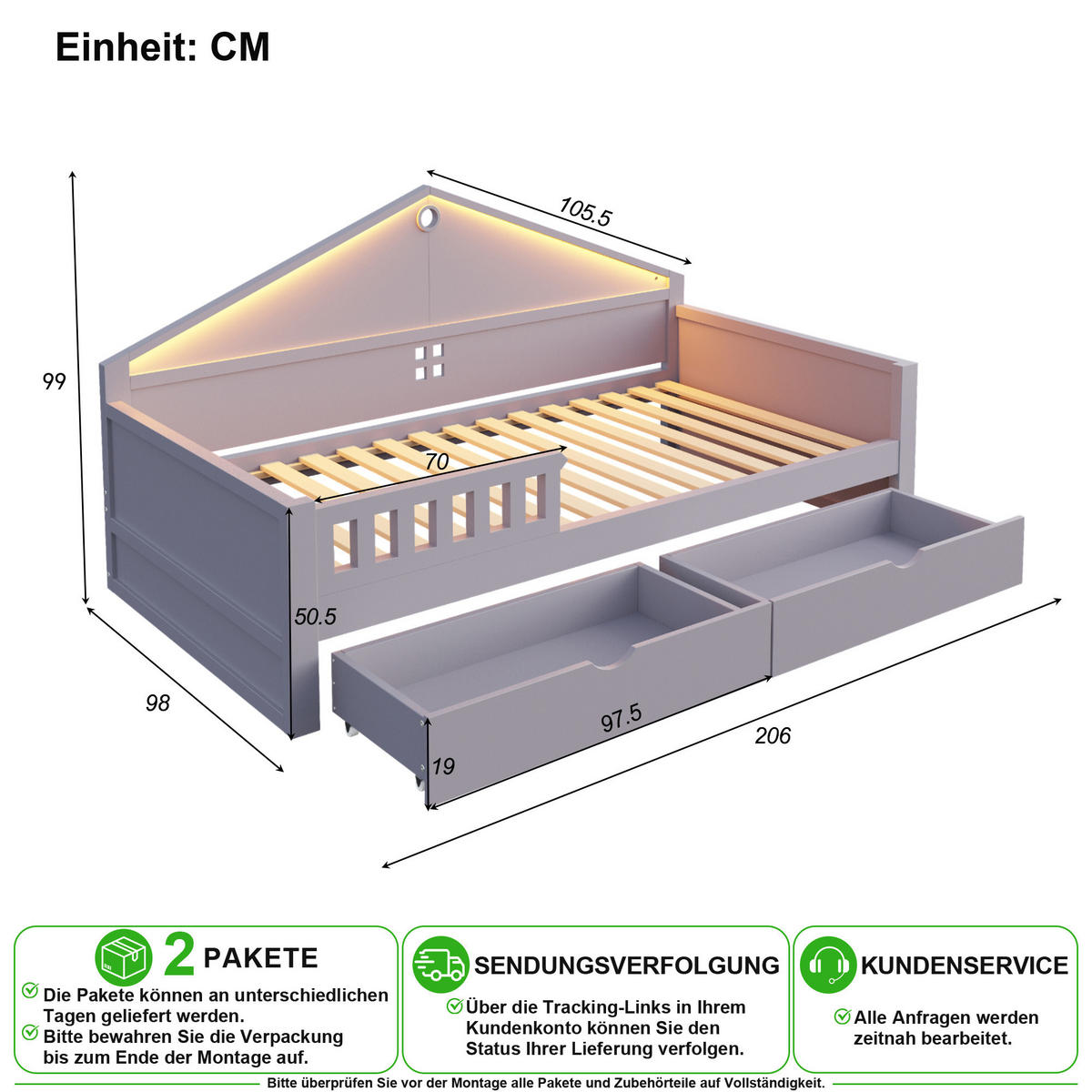 KINDERBETT 90/200 cm in Grau mit 2 Schubladen und LED - Grau, Holz/Holzwerkstoff (90/200cm) - CHICFURN