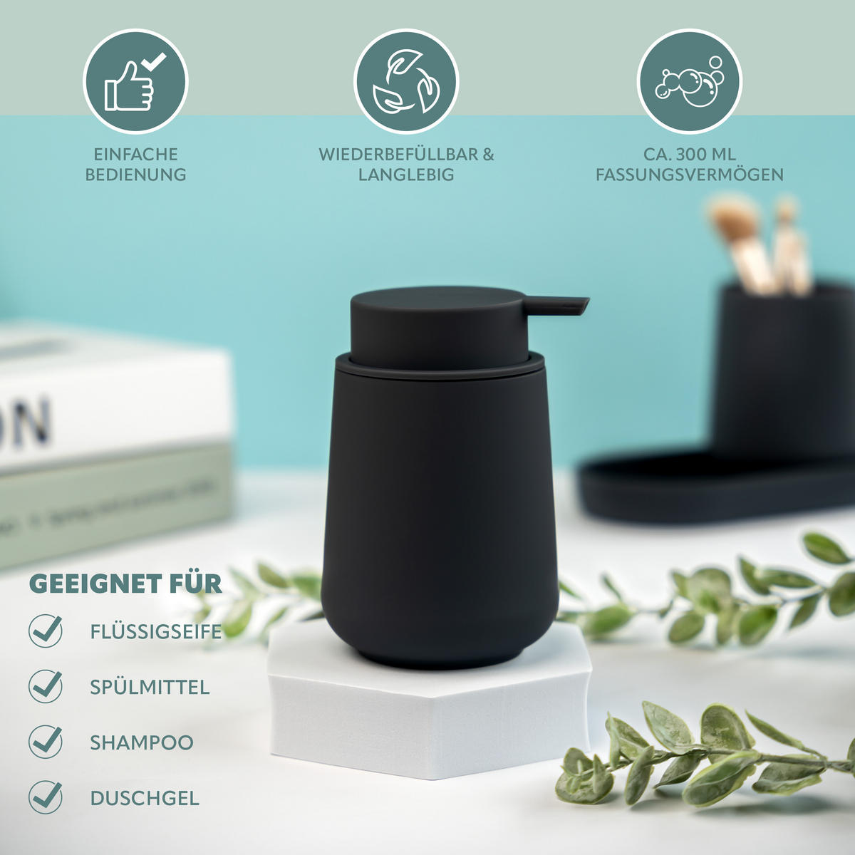 BAD-ACCESSOIRES-SET TESERO, Soft-Touch, schwarz - Schwarz, Kunststoff (18.5/13.5/10cm) - eluno