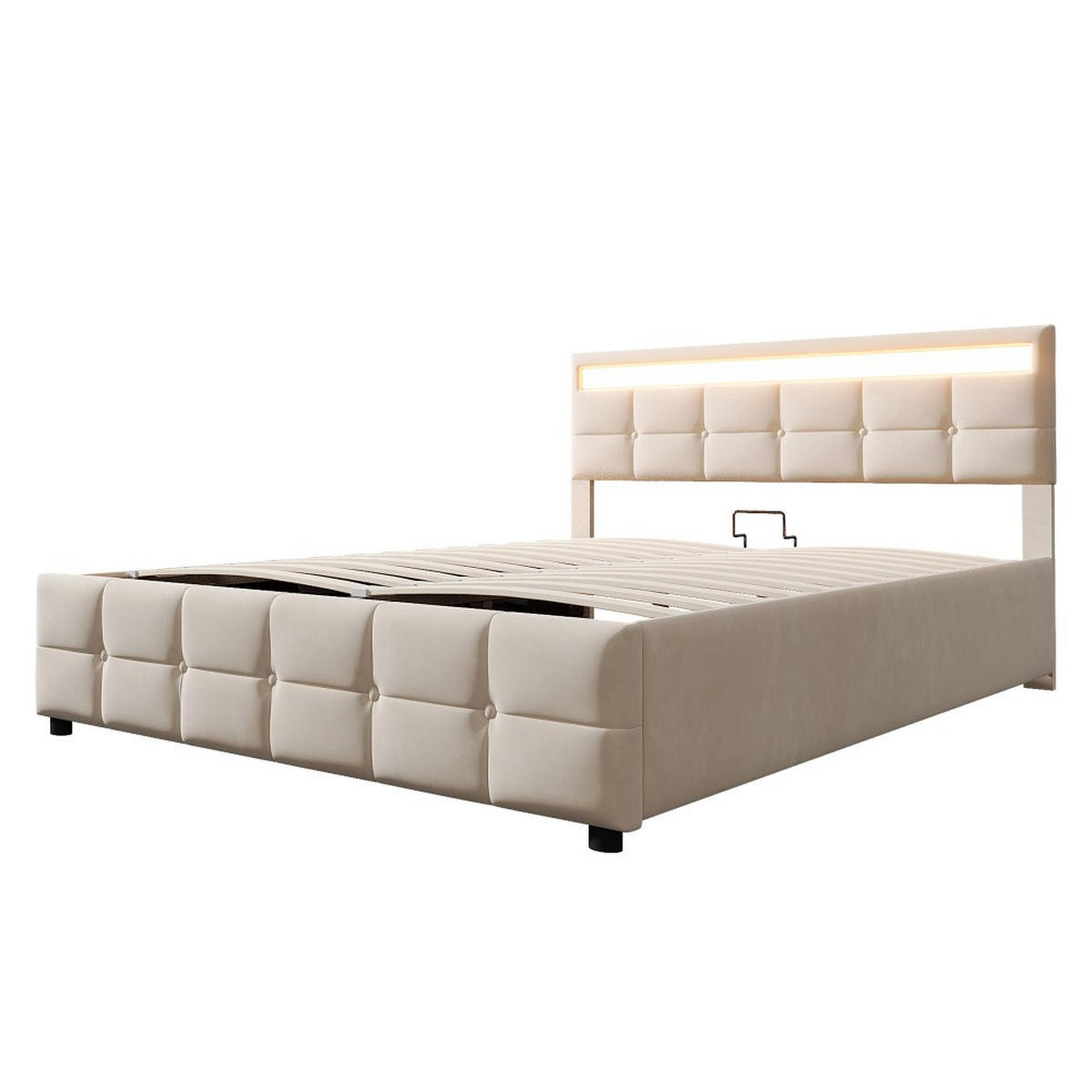 POLSTERBETT180X200CM in Beige Samtstoff mit LED-Leuchten - Beige, Holz/Textil (180/200cm) - KOMHTOM